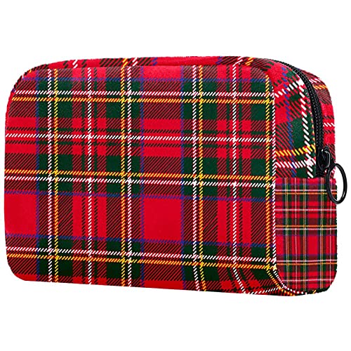 Waterproof Travel Toiletry Bag for Women & Men - Red Green Plaid Cosmetic Makeup Organizer with Zipper, Hanging Hook - Perfect for Vacation, Gym, Camping Essentials (White Trim)