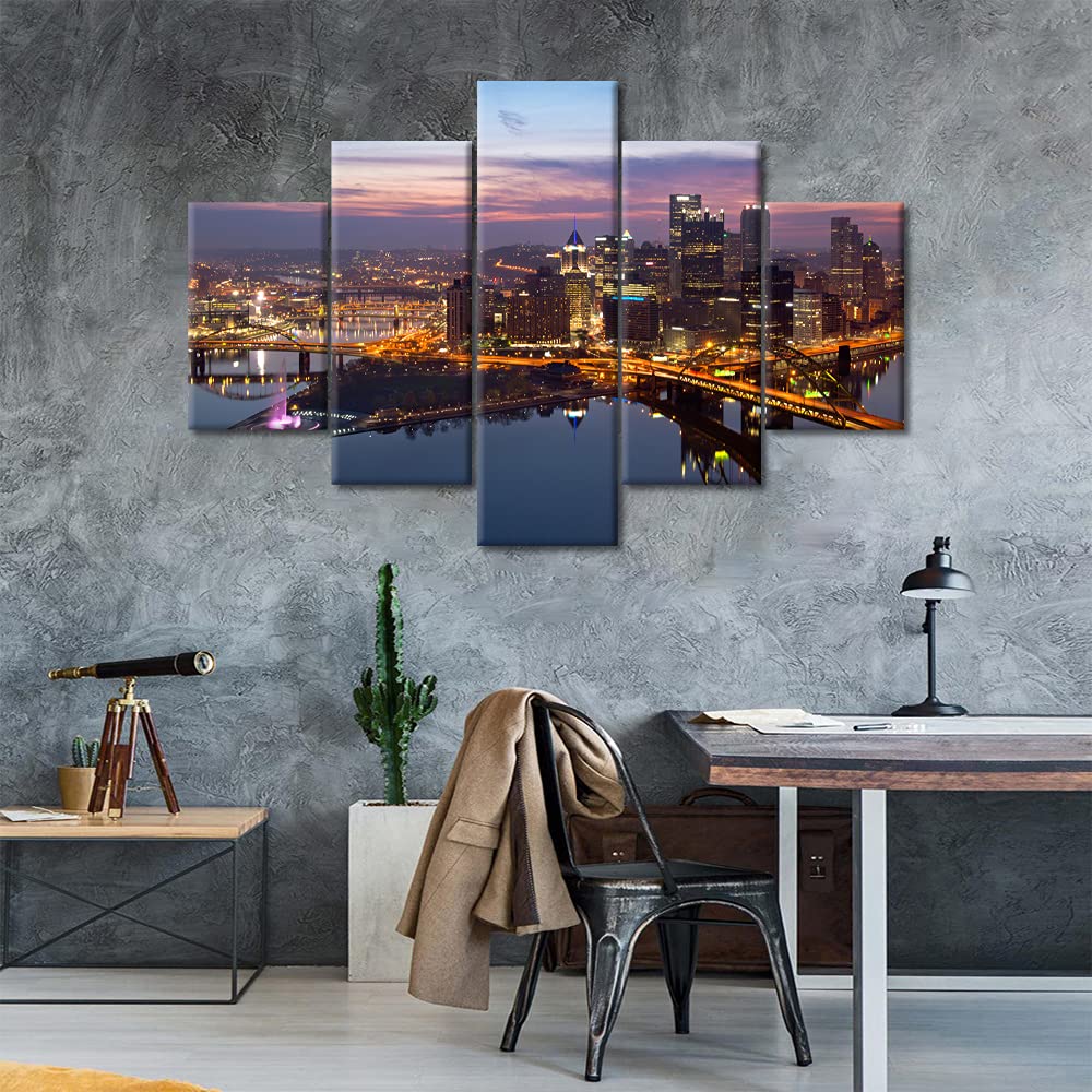Pittsburgh Skyline Canvas Wall Art - Panoramic Night View of Downtown Pennsylvania Cityscape - Modern Framed Bedroom Decor Ready to Hang (60