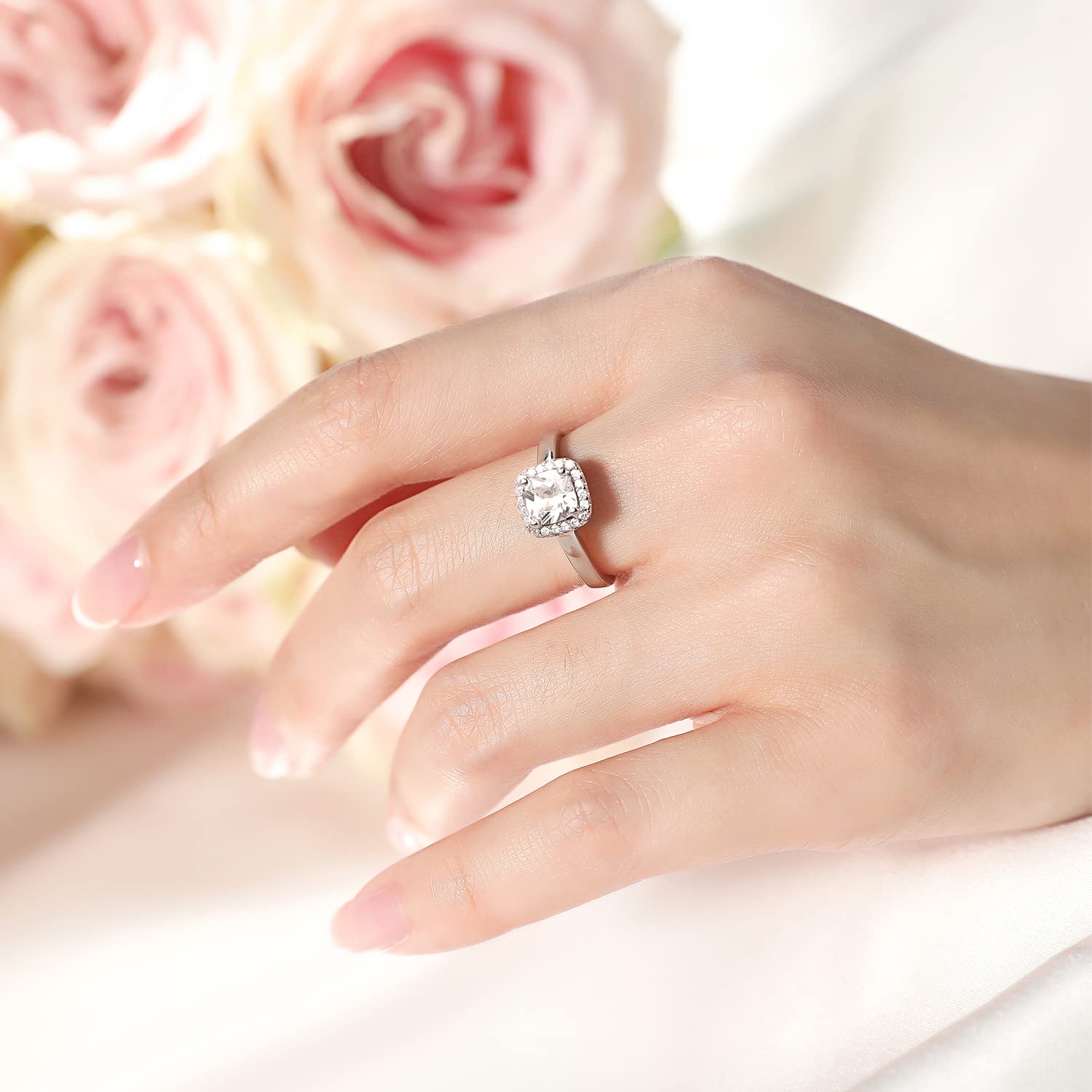 1.5 CT Halo Cushion Cut Cubic Zirconia Engagement Ring for Women - 925 Sterling Silver Wedding Band, Promise Ring, Size 3-10 (Silver) - Perfect for Proposals, Anniversaries & Special Occasions