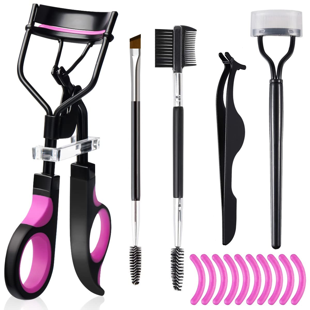 Professional Eyelash Curler & Eyebrow Brush Kit for Women - Includes Lash Curler, Eyelash Comb, Mascara Brushes, Extension Tweezers, Angled Brow Brush & 10 Silicone Pads - Perfect for Salon, Home Makeup & Travel Beauty Essentials