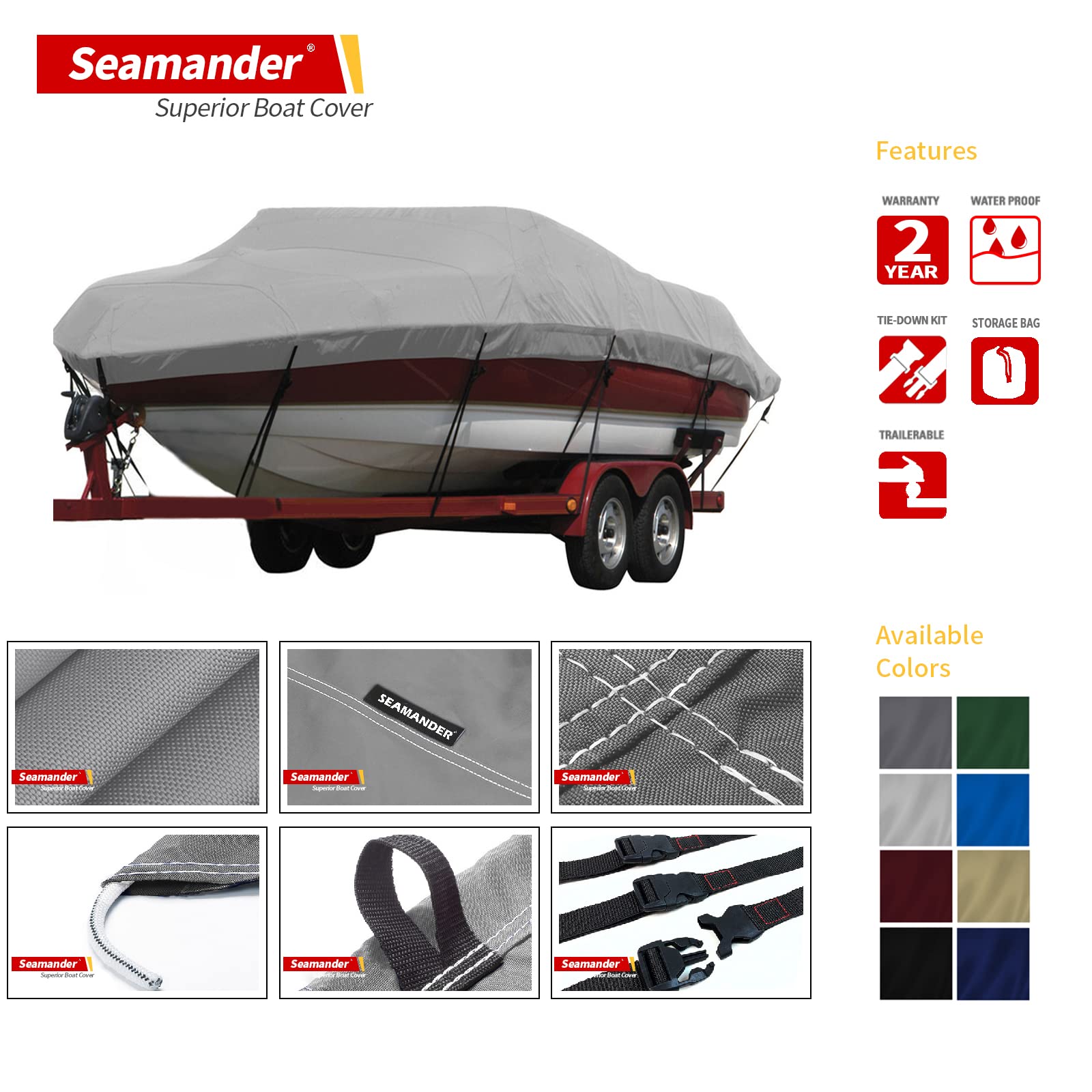 Heavy Duty Polyester Boat Cover - Waterproof Marine Grade Solution-Dyed Yarn - Fits Bass, V-Hull, Tri-Hull, Fish & Ski, Runabout Bowrider Boats (24'-26') - Perfect for Outdoor Storage & Boat Protection