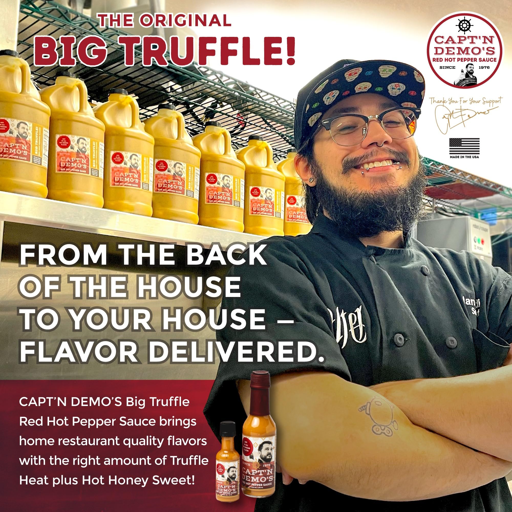 CAPTAIN DEMO's DOUBLE TRUFFLE Red Hot Pepper Sauce - 2 Bottle Pack with Free Travel Bottle | Gourmet Hot Sauce with Black & White Truffles | Perfect Garlic Flavor & Hot Honey Heat | Ideal for Pizza, Wings & Gourmet Cooking