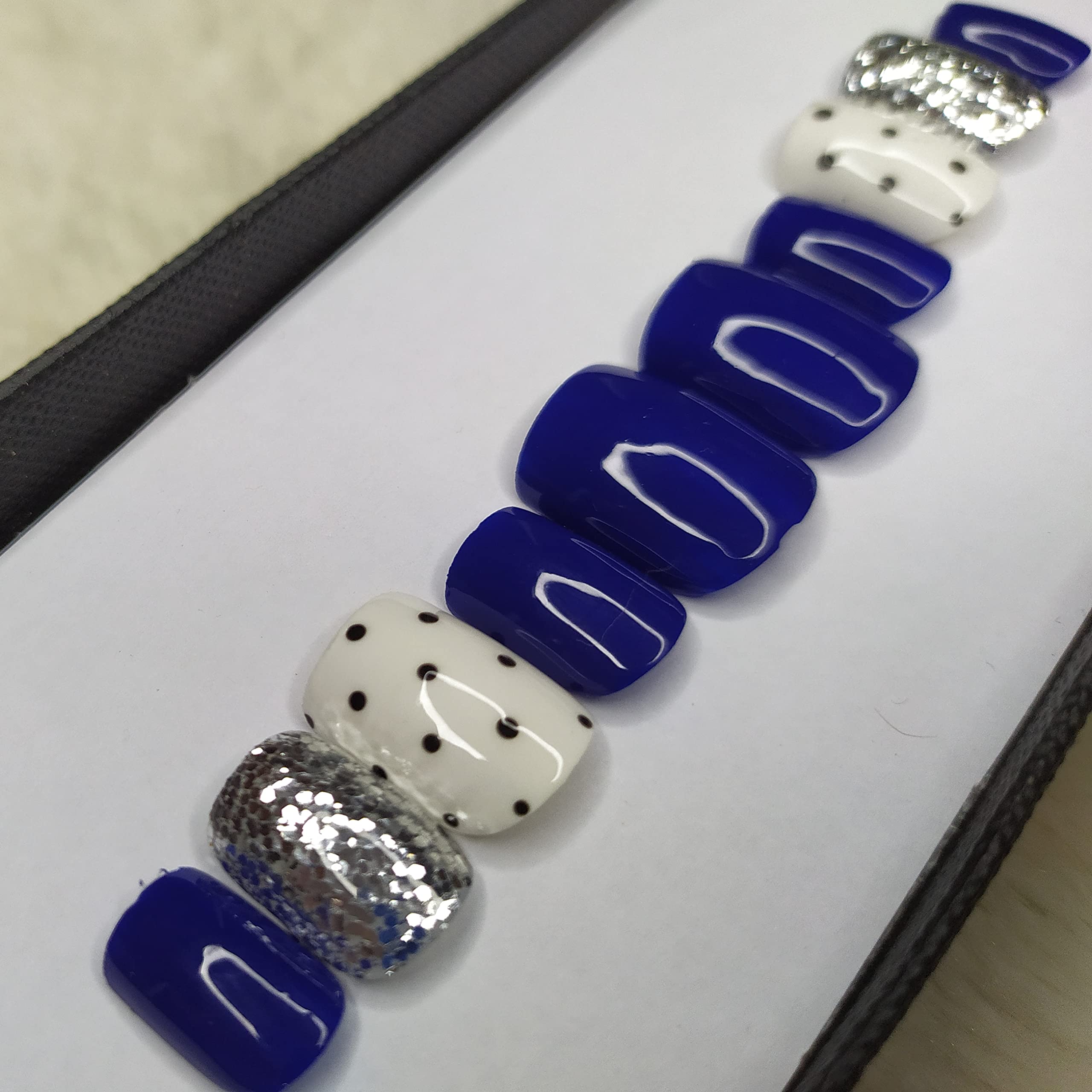 Glossy Blue Black Dots Glitter Press on Fake Nails - Square Artificial Nails with Complete Application Kit (12 Nails) - Perfect for Parties, Weddings & Special Occasions