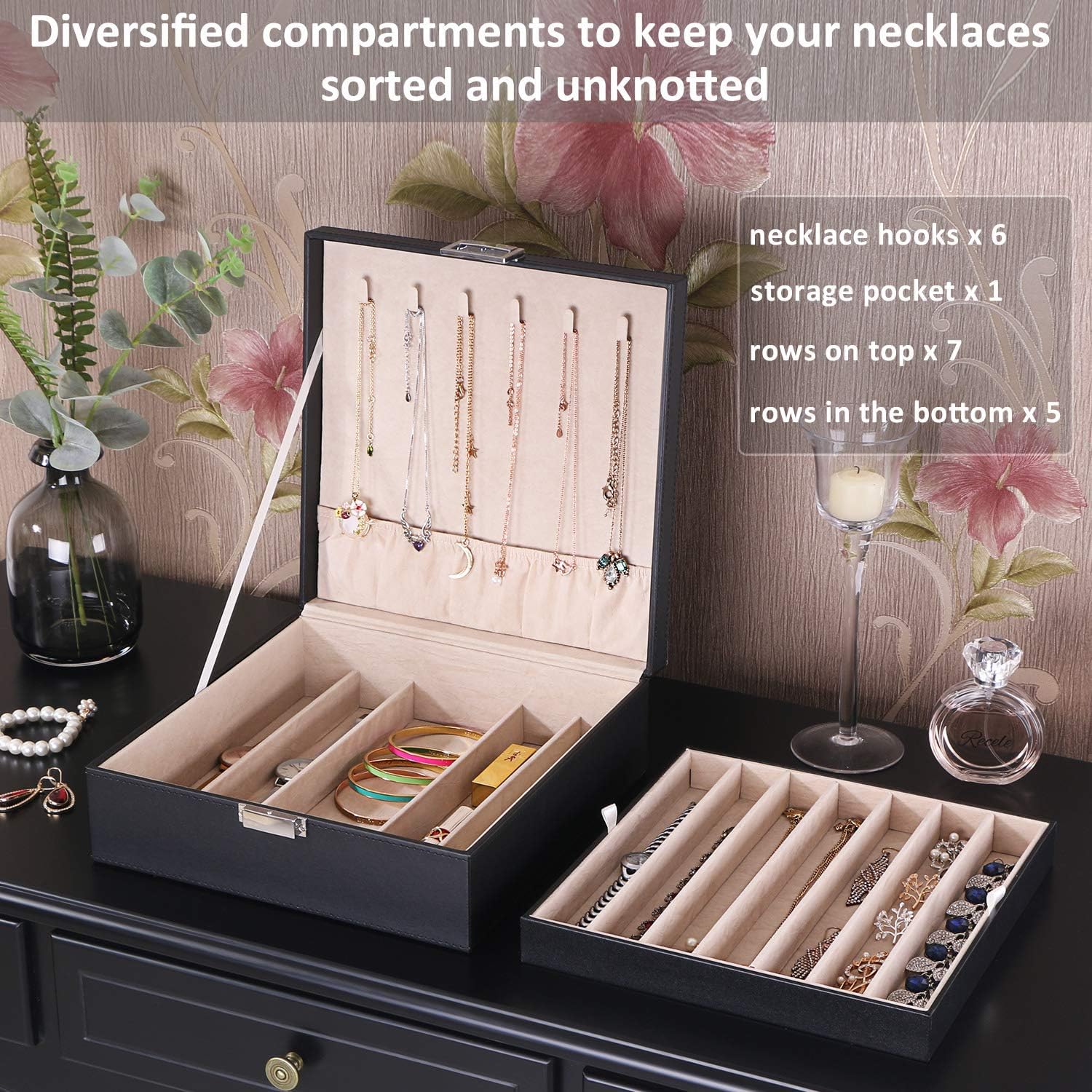 BEWISHOME Jewelry Organizer Box for Necklaces, Bracelets & Chains - 12 Compartments (7 Regular + 5 Large), 6 Hooks, 2-Layer Storage - Perfect Jewelry Box for Women & Girls - Black SSH31B | Great for Travel, Bedroom Vanity & Gift Giving
