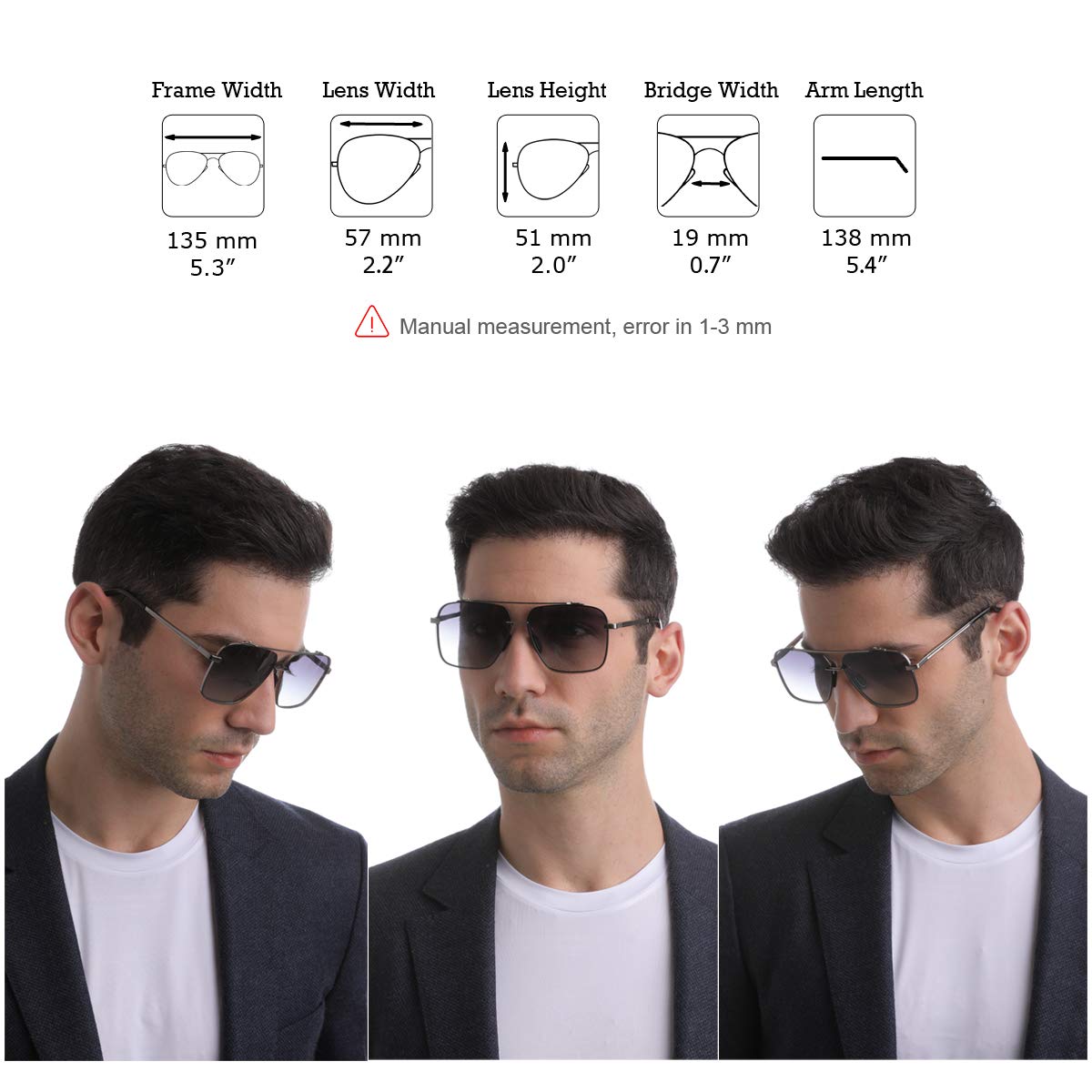 Polarized Aviator Sunglasses for Men - Oversized Square Metal Frame - Gradient UV400 Protection Lenses - Perfect for Driving, Fishing & Outdoor Activities