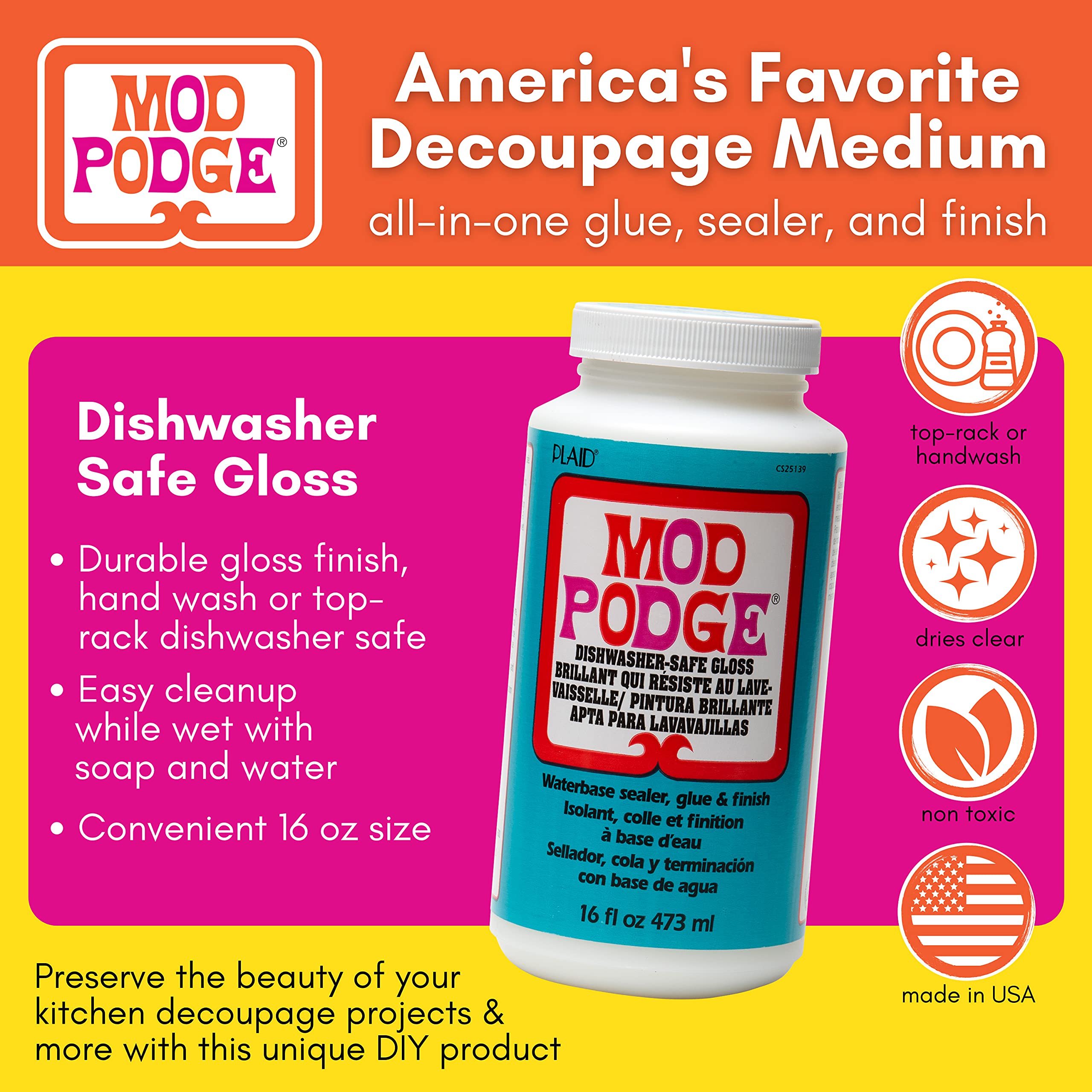 Mod Podge Dishwasher Safe Waterbase Sealer, Glue and Finish - 16 oz Glossy Craft Sealant for DIY Projects, Decoupage, Wood, Fabric & Glass - Perfect for Home Decor, Scrapbooking and Art Preservation