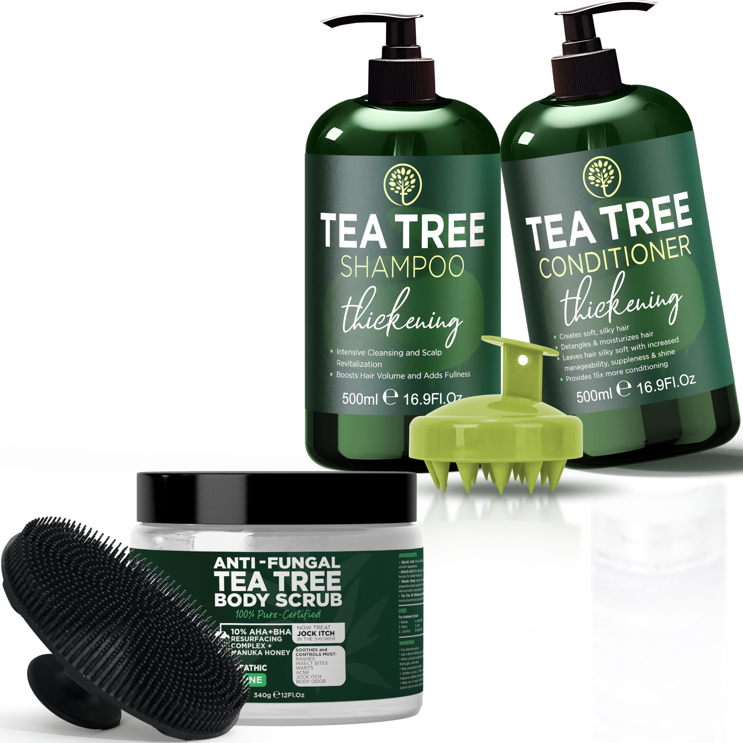 Tea Tree Shampoo & Conditioner Set with Body Wash & Exfoliating Scrubber - Sulfate Free, Paraben Free - For Scalp Care & Deep Cleansing - Perfect for Dry, Itchy Scalp & Body Exfoliation