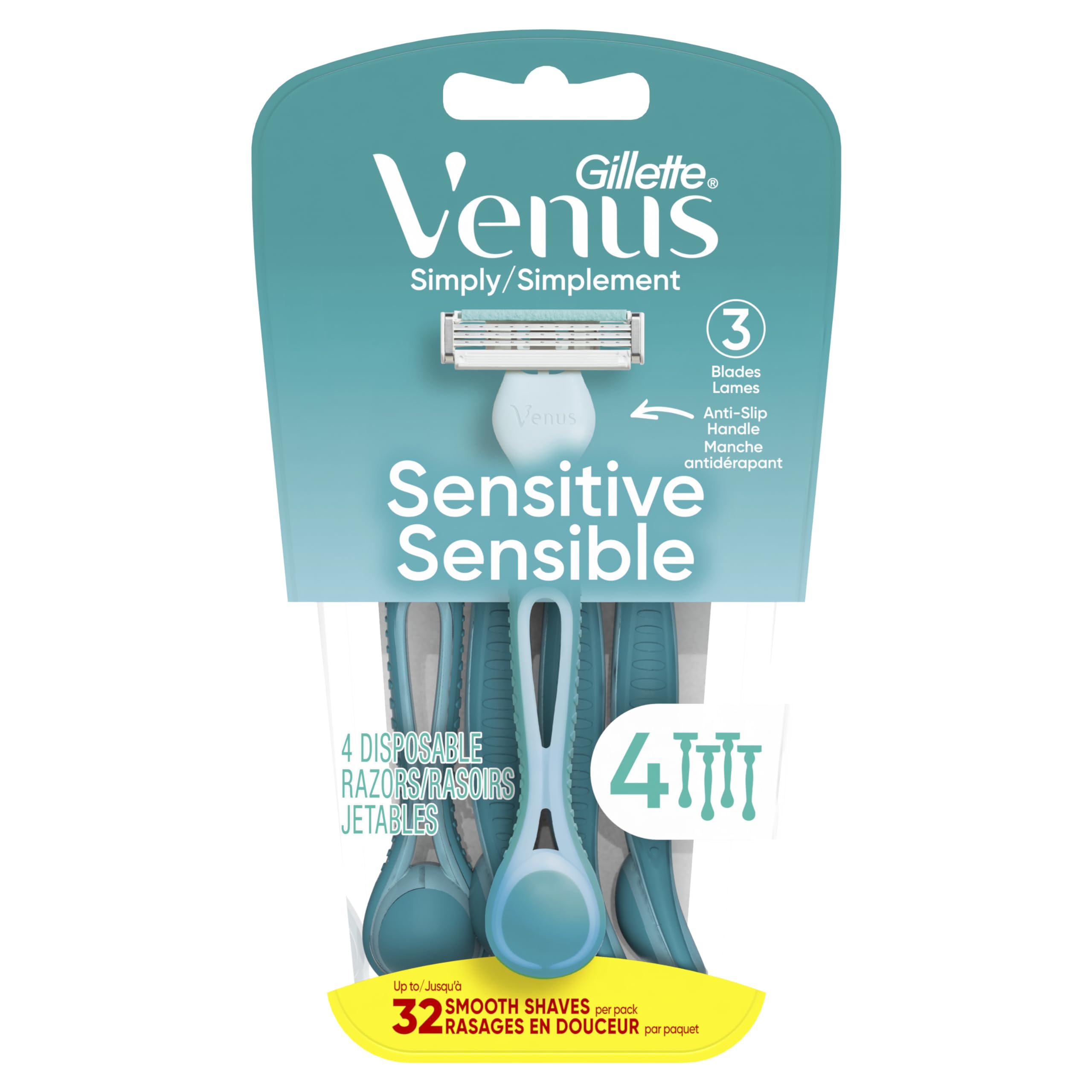 Gillette Venus Simply 3 Sensitive Women's Disposable Razors - Pack of 1 with 4 Blades | Smooth Shaving for Sensitive Skin | Perfect for Travel & Daily Use