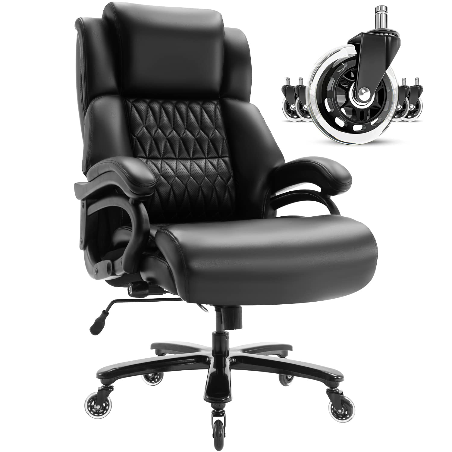 Heavy Duty Big and Tall Office Chair 400lbs Capacity - Adjustable Lumbar Support, Quiet Rubber Wheels, Ergonomic High Back Design for Back Pain Relief - Executive Computer Desk Chair with Thick Padding & Durable Metal Base (Black) - Perfect for Home Office, Gaming, and Long Work Sessions