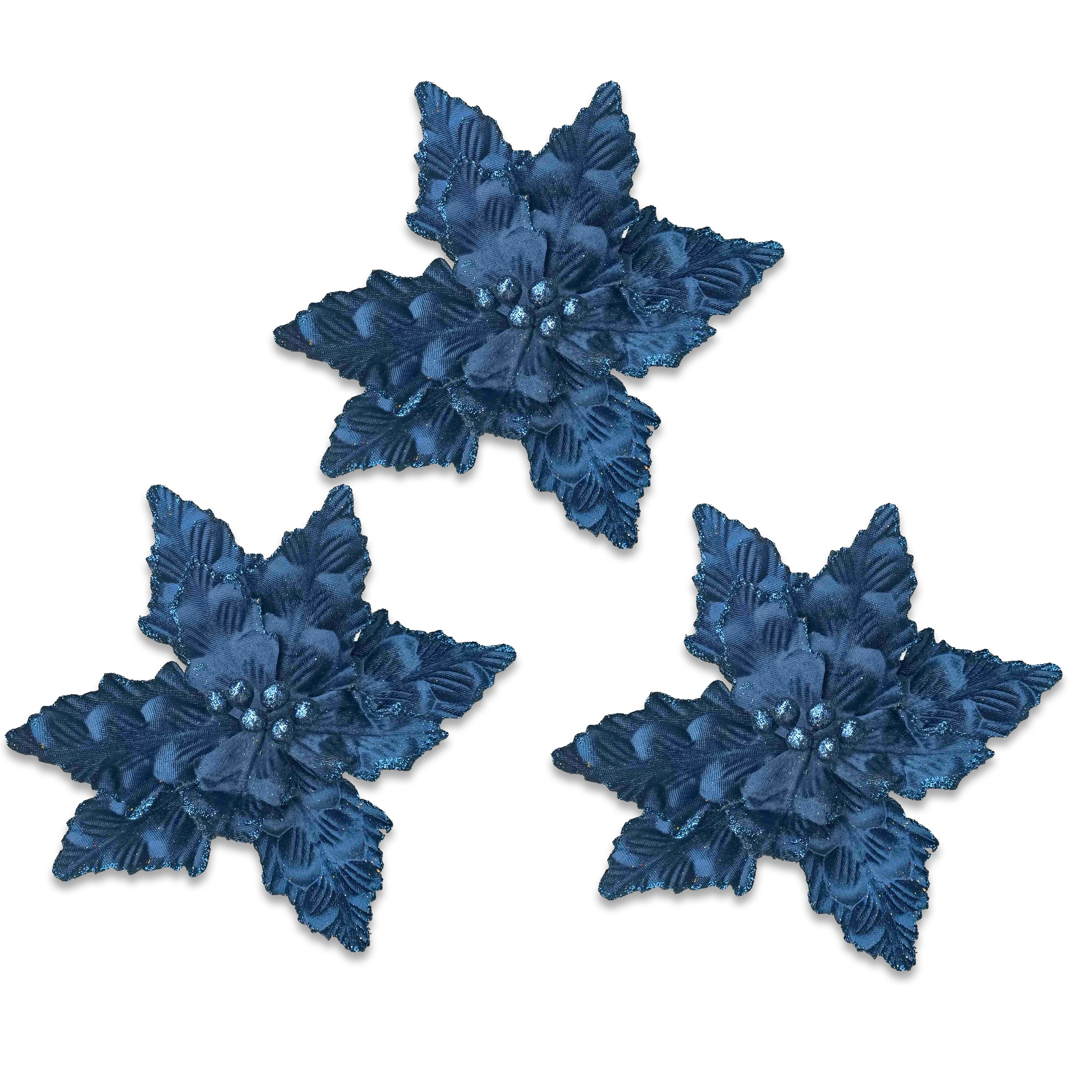 3 Pack Navy Blue Poinsettia Picks with Berry Centers - Christmas Floral Arrangement Decor for Wreaths, Centerpieces, and Holiday Crafts
