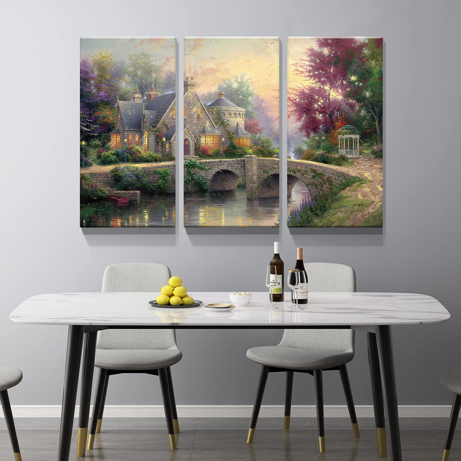 Denozer - 3 Panels Thomas Kinkade Garden Landscape Oil Painting Canvas Wall Art - Stretched & Framed Ready to Hang - 20