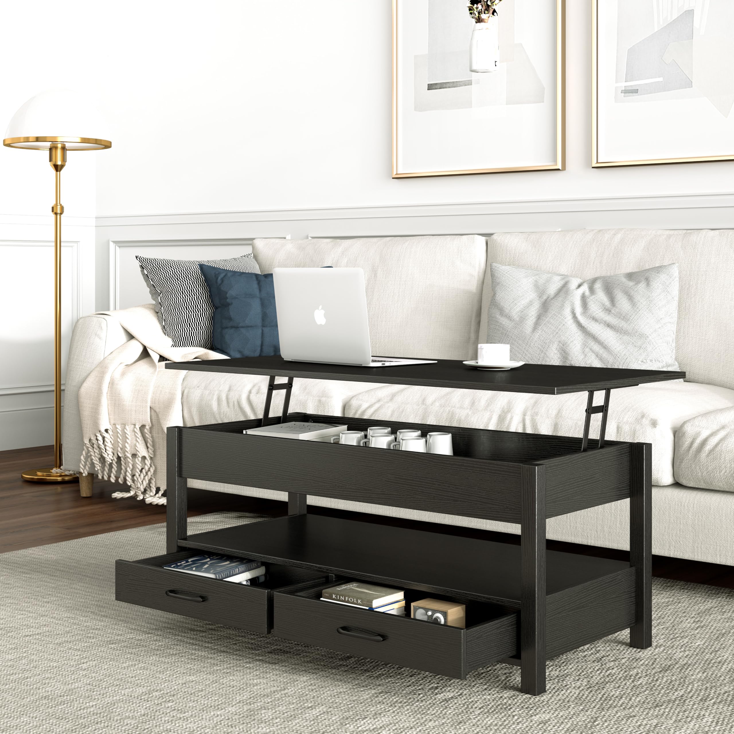 Lift Top Coffee Table with Hidden Storage - Retro Wooden Coffee Table with 2 Drawers & Open Shelf - Panana Lift-Top Living Room Table for Sofa & TV Area (Black) - Perfect for Small Spaces & Home Decor