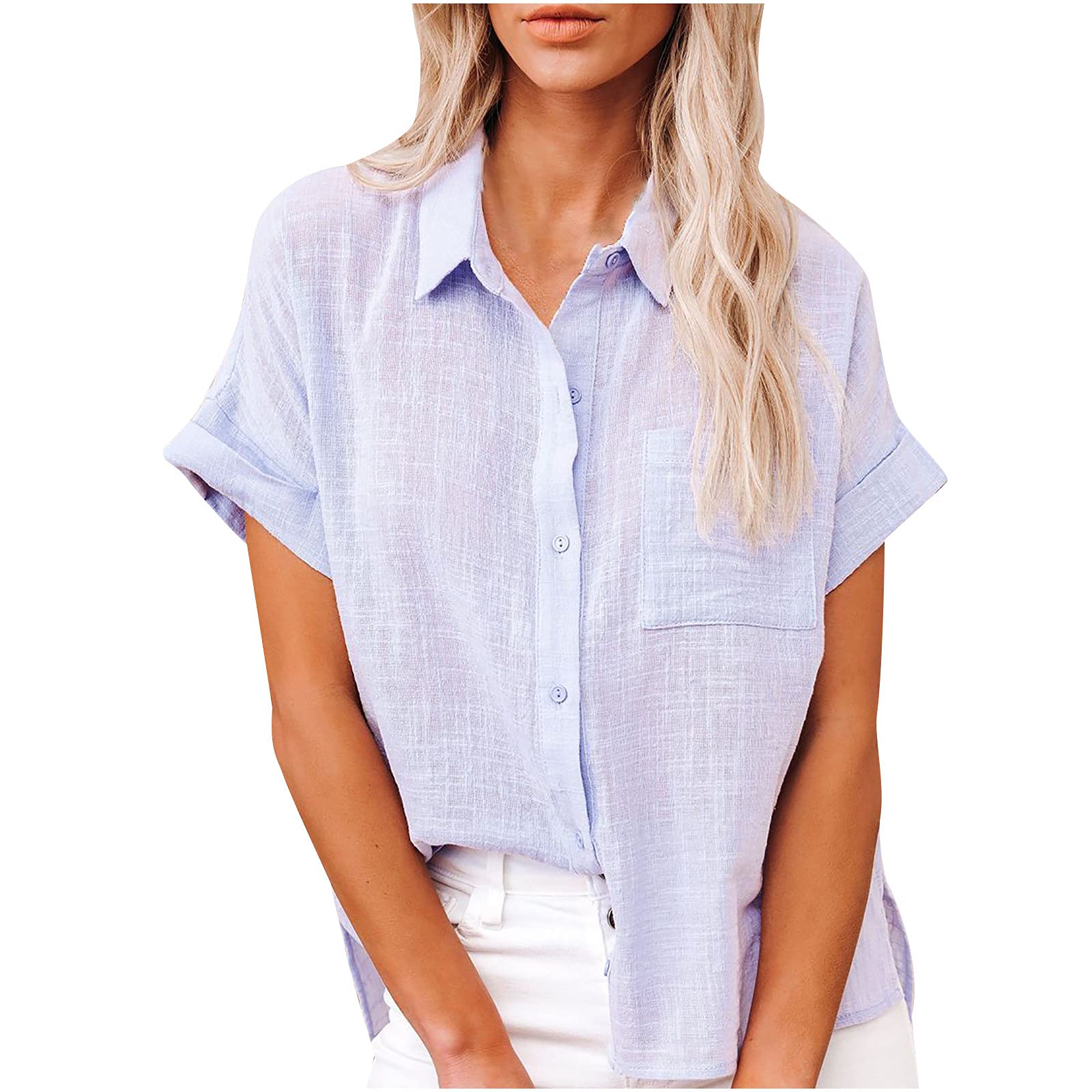 Women's Summer Cotton Linen Button Down Shirt - Short Sleeve Lapel Pocket Blouse, Loose Fit Casual Top for Work, Travel & Everyday Wear