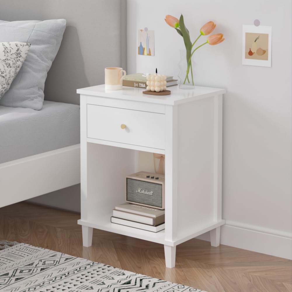 Modern Kids Nightstand with Drawer & Open Shelf - Wooden Toddler Bedside Table for Boys & Girls - White Nursery & Bedroom Storage Furniture - Perfect for Bedrooms, Playrooms & Kids' Rooms