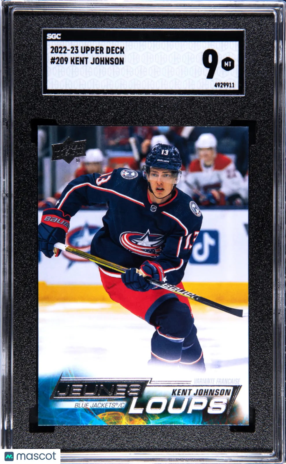 2022-23 Upper Deck Series 1 Hockey Kent Johnson Young Guns RC French SGC 9 Mint Condition - Perfect for Hockey Card Collectors and NHL Fans Display
