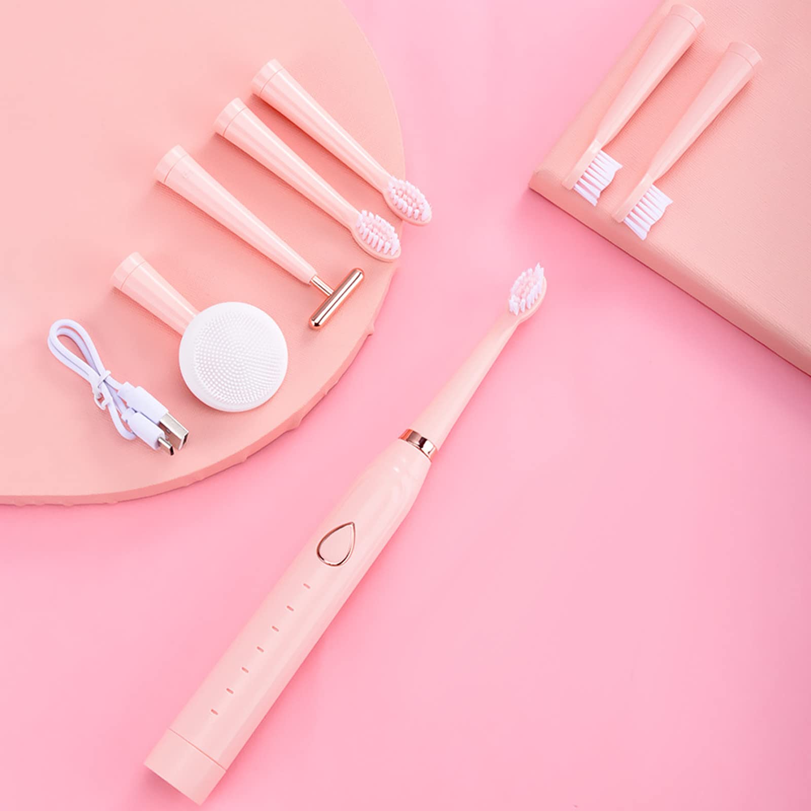 Kimanli Portable Sonic Electric Toothbrush - 3-in-1 Deep Cleaning & Whitening Toothbrush with 5 Brush Heads, IPX7 Waterproof, Silicone Cleansing Brush | Perfect for Travel, Home & Office Use