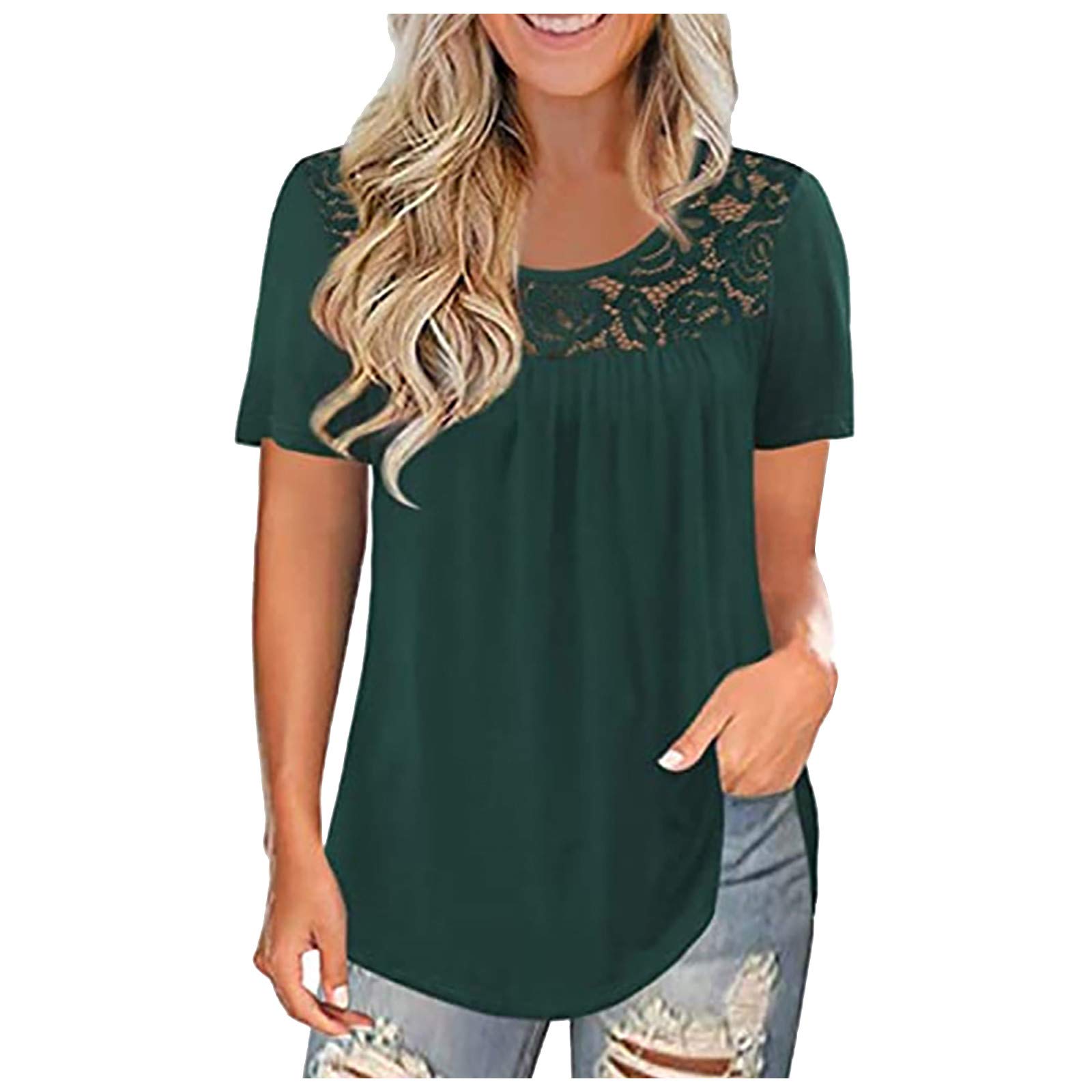 Women's Summer Lace Short Sleeve Blouse - Crew Neck Loose Fit Casual Top with Waffle Texture & Ruched Ruffle Hem | Perfect for Beach Outings, Date Nights and Office Wear