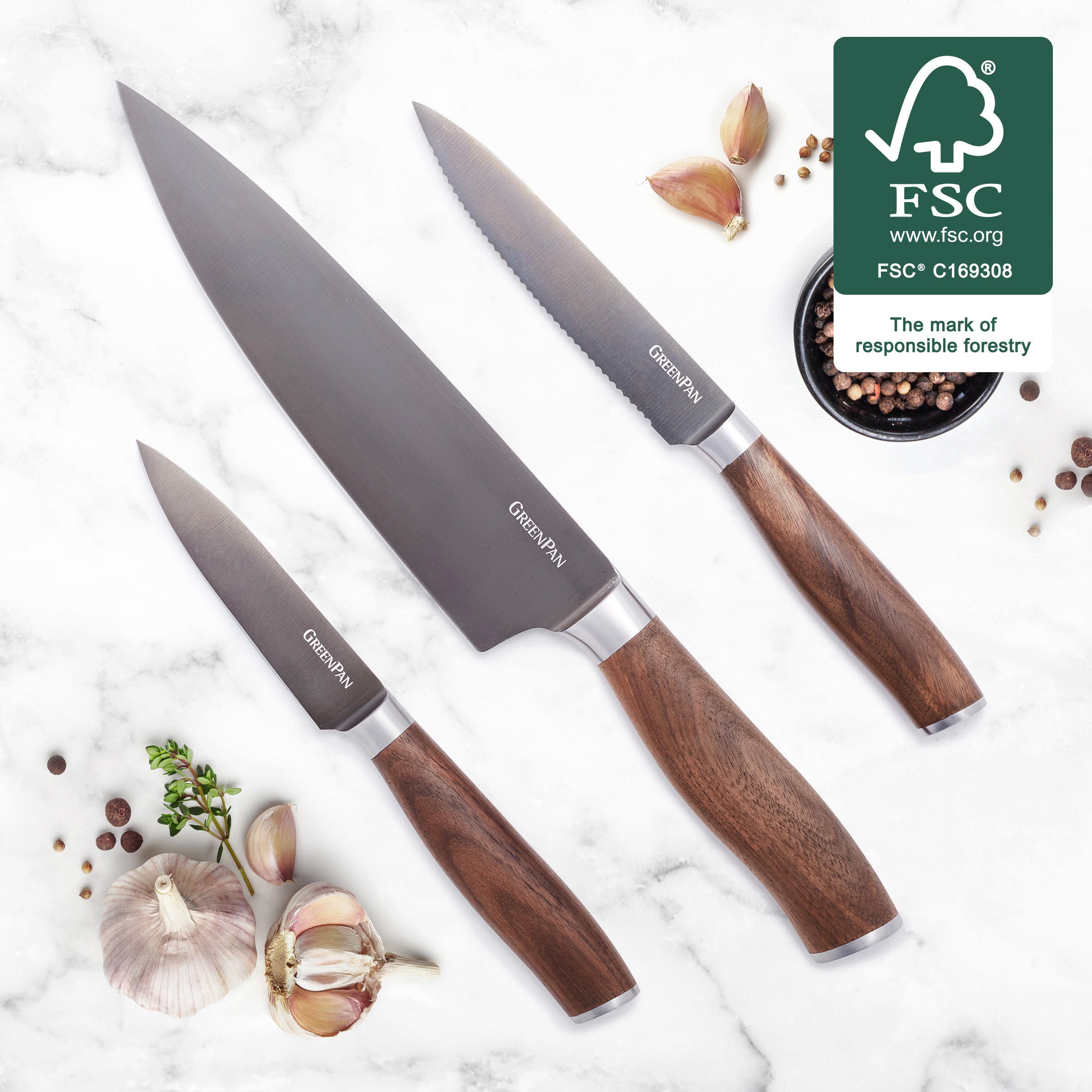 Premium Titanium 3-Piece Knife Set with Walnut Wood Handles - Professional Chef Knives for Cooking, Slicing & Dicing - Perfect for Home Kitchens, Camping & Outdoor Adventures