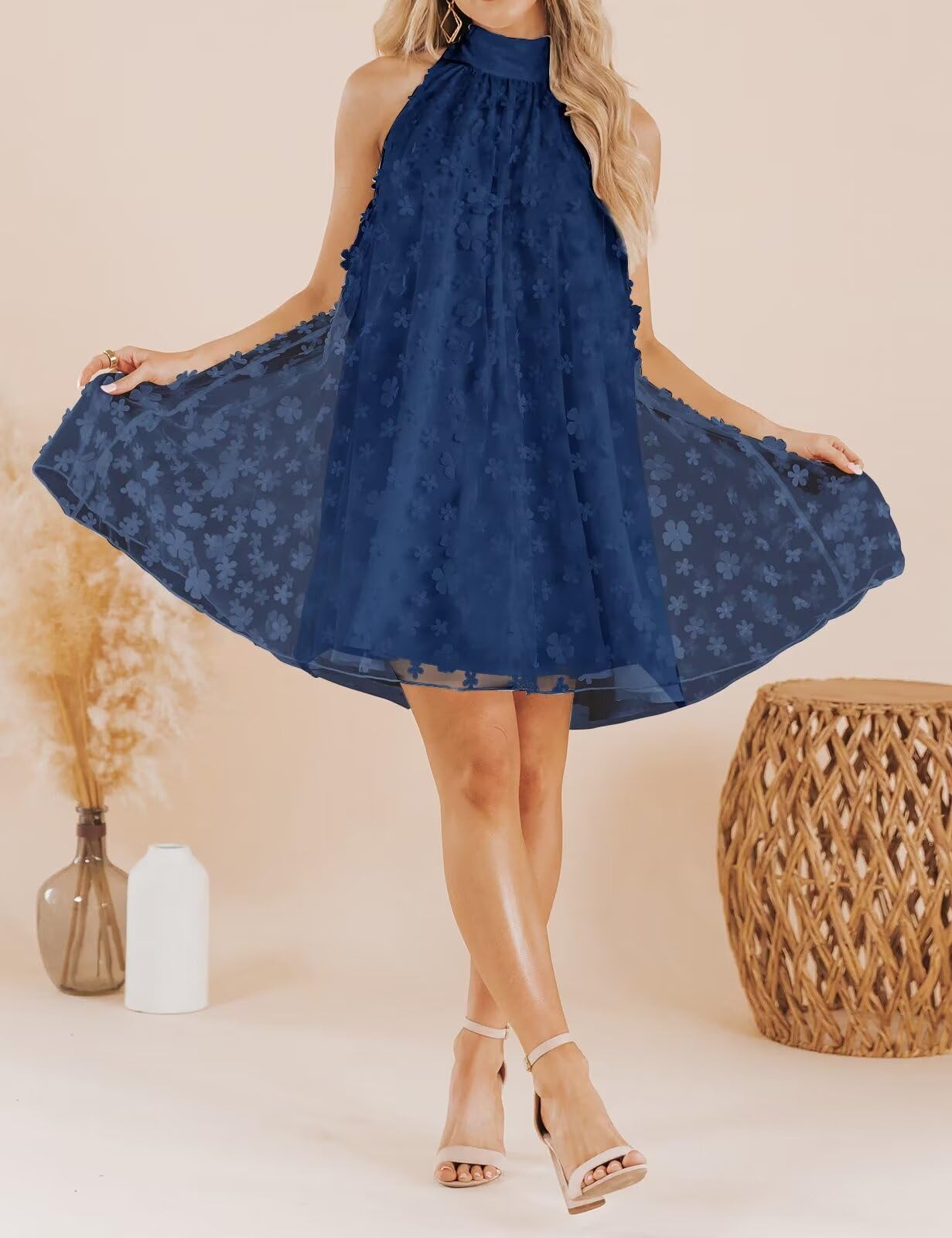 VIMPUNEC 2024 Women's Summer Wedding Guest Dress - Formal Cocktail Halter Swing Dress, Cute A-Line Mini Homecoming Dress for Parties, Bridal Showers & Special Occasions