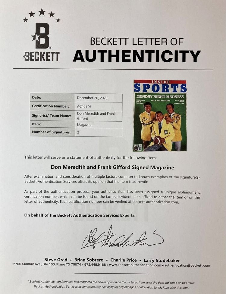 Don Meredith & Frank Gifford Autographed 1980 Inside Sports Magazine - BAS AC40946 - Rare Collectible for NFL Memorabilia Fans & Sports History Enthusiasts
