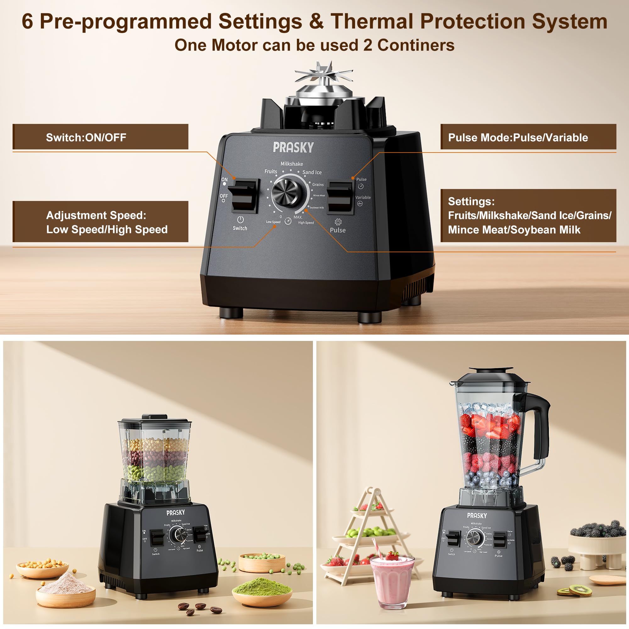 PRASKY 2400W High-Speed Professional Blender for Smoothies, Juices & Ice Crushing - 68oz BPA-Free Container with Grinder Attachment - Powerful Kitchen Blender for Shakes, Frozen Drinks & Food Prep (2 Containers Included) - Perfect for Home Bars, Healthy Smoothies & Meal Preparation