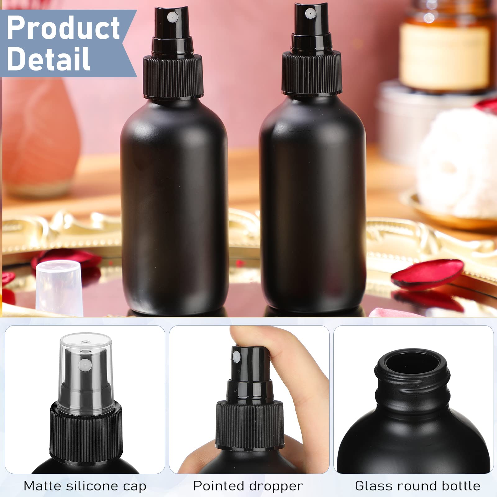 100 Pcs 4 oz Mini Glass Spray Bottles - Empty Small Essential Oil Bottles with Fine Mist Nozzle, 3 Funnels, 5 Droppers & Cleaning Brush - Perfect for Hair Care, Travel, Plants, Perfumes & DIY Beauty Products (Black)