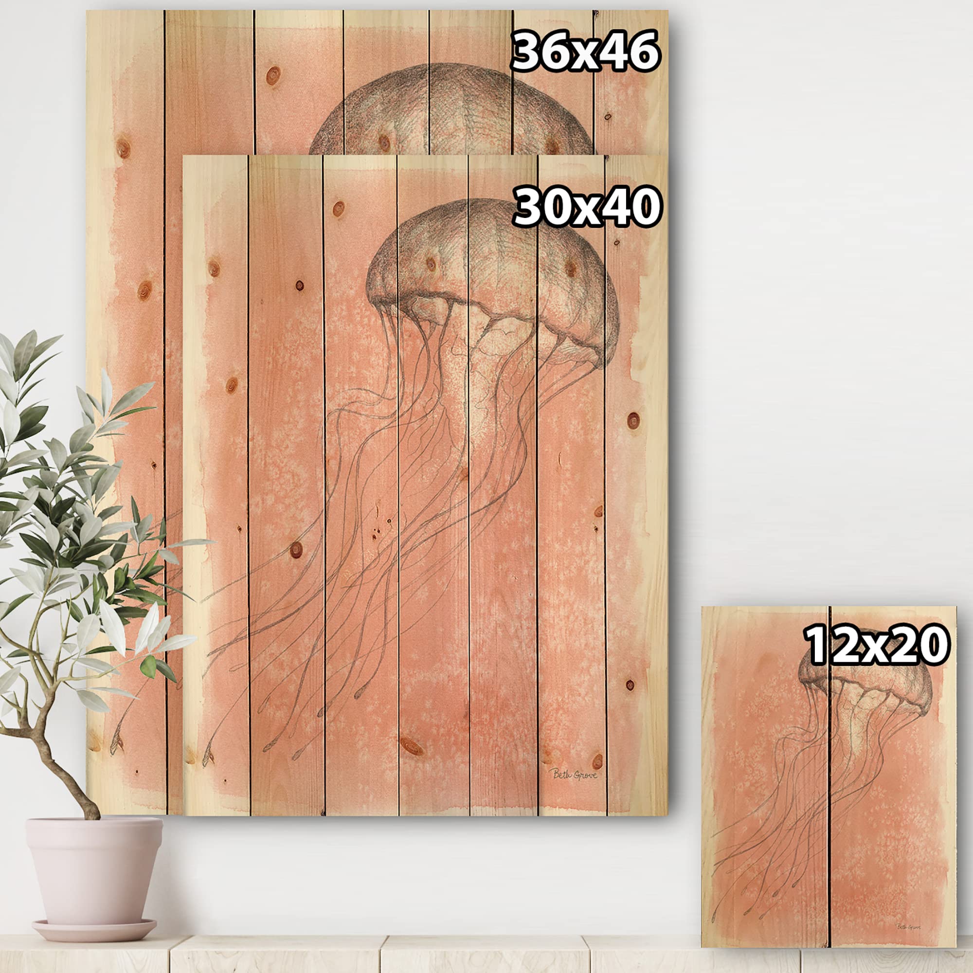 Coastal Jellyfish Wood Wall Art - Pink Nautical Decor for Beach House