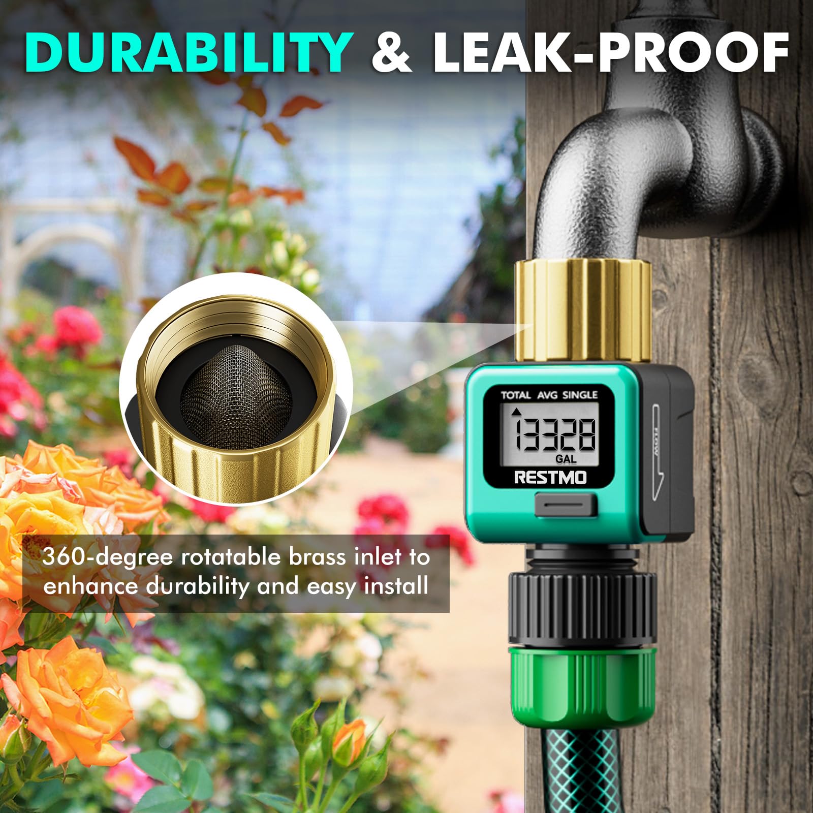 RESTMO Brass Water Flow Meter with Metal Thread - Accurate Gallon/Liter Measurement for Garden Hose, RV Tank & Lawn Sprinklers | Perfect for Outdoor Watering, Irrigation Systems & RV Water Management