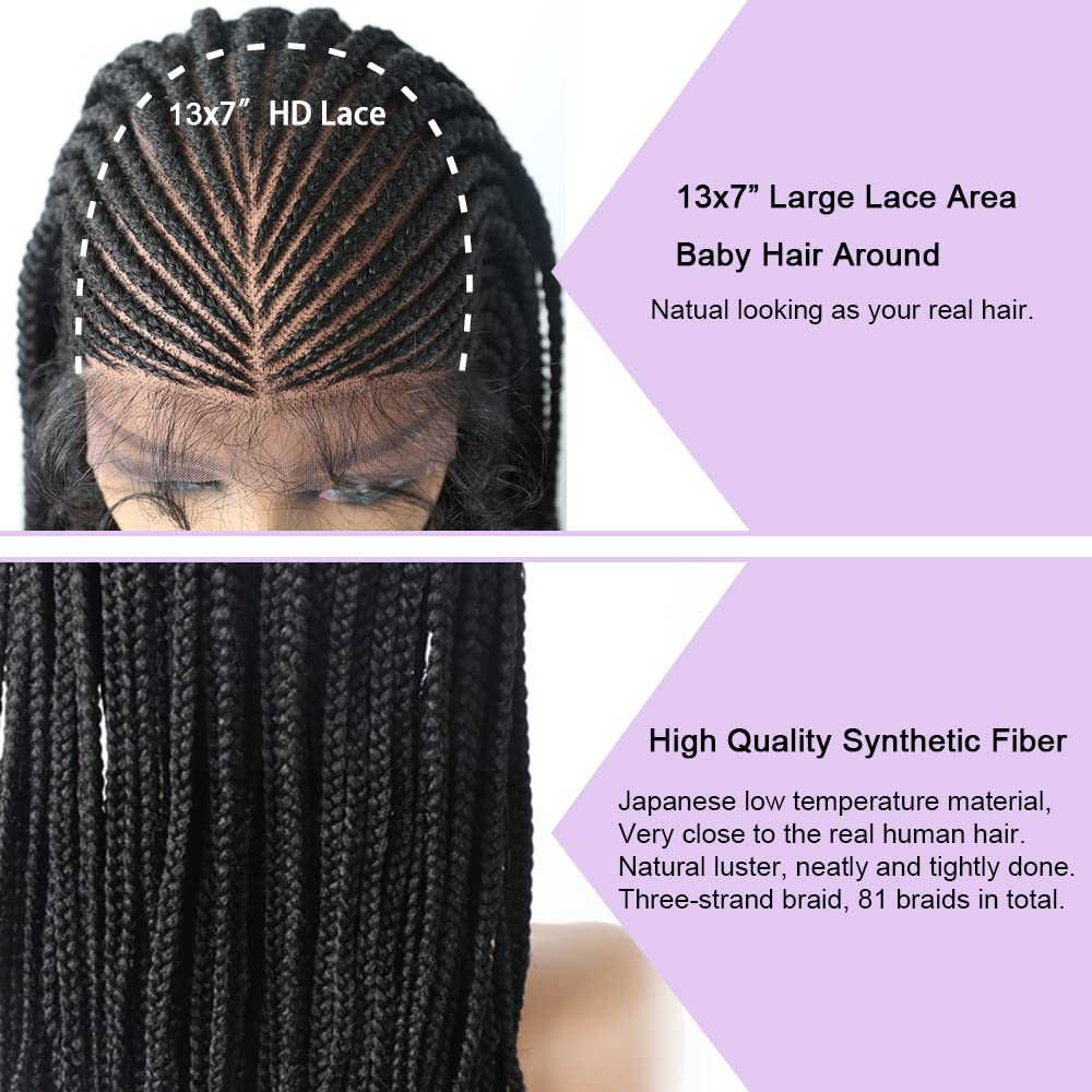 Premium Heat Friendly Glueless Wigs for Women - Swiss Lace Front Cornrow Micro Twist Pre-Plucked Natural Hairline Long Box Braided Wig (#1B Black) | Perfect for Daily Wear, Cosplay & Protective Styling