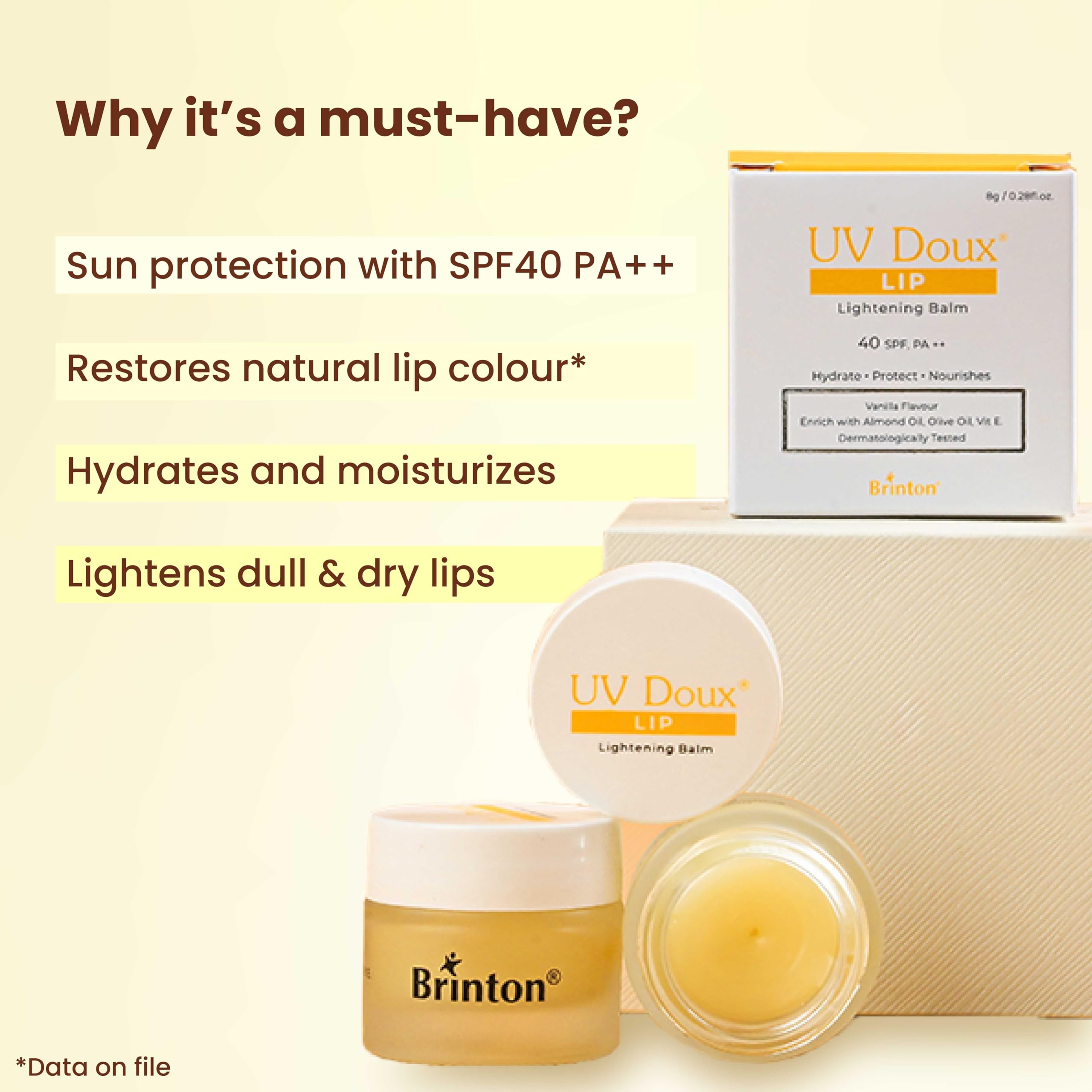 UV Doux SPF 40 PA++ Lip Lightening Balm with Almond Oil, Olive Oil & Vitamin E | Natural Lip Color Restoration | Hydrating & Nourishing Lip Care | Dermatologist Approved Unisex Vanilla Lip Balm (8g x 2) | Perfect for Daily Sun Protection & Chapped Lips Repair