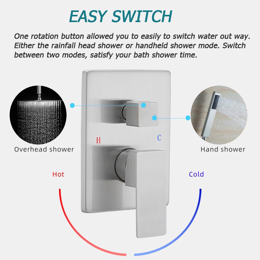 10 Inch Ceiling Mounted Rainfall Shower System - Brushed Nickel Shower Head Combo Set with Mixer Valve & Rough-in Trim - Perfect for Modern Bathroom & Spa Experience