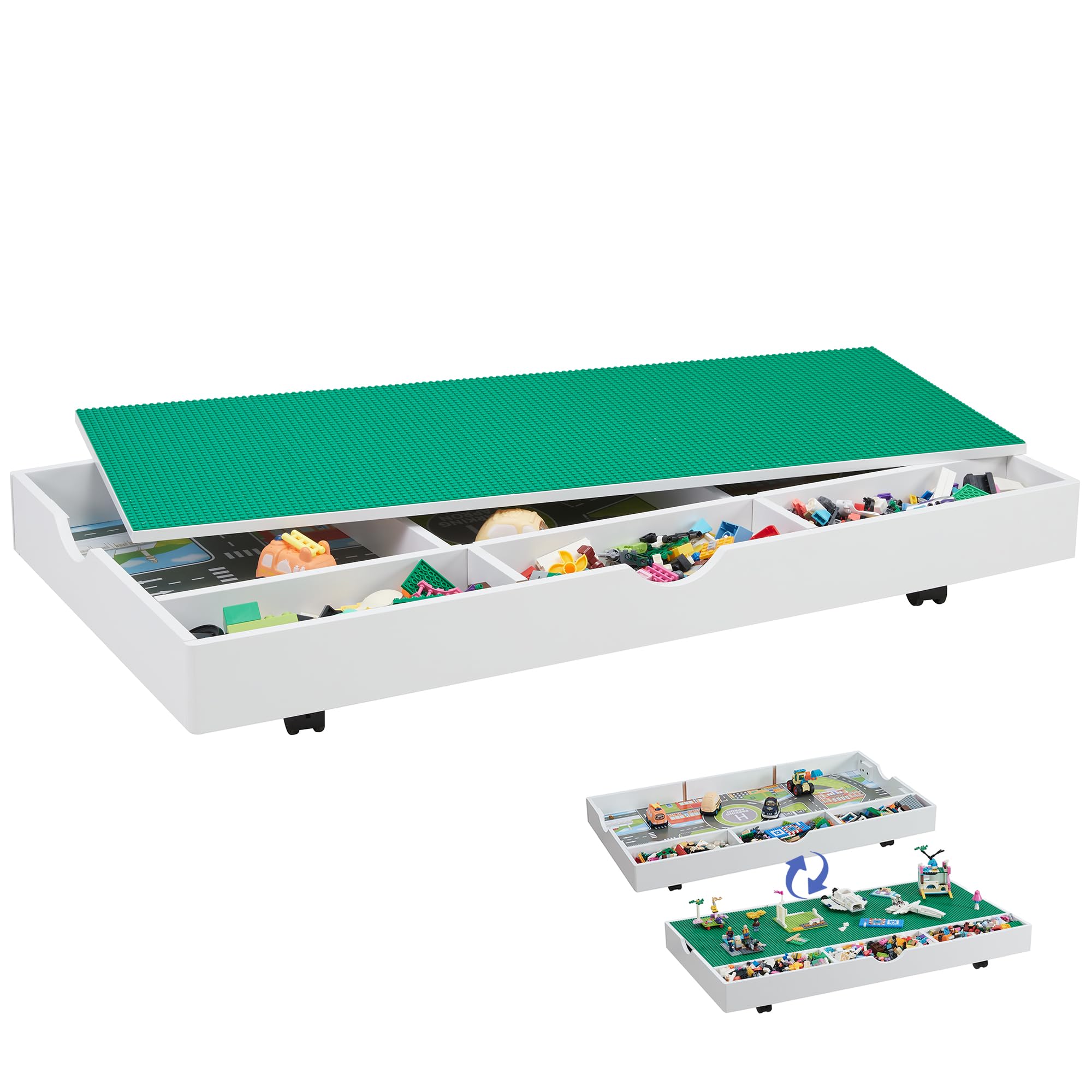 2 in 1 Construction Play Table - Lego Compatible Building Blocks & Train Game Table with Locking Wheels, Storage Space - Kids Activity Center for Bedroom, Playroom or Living Room (White)