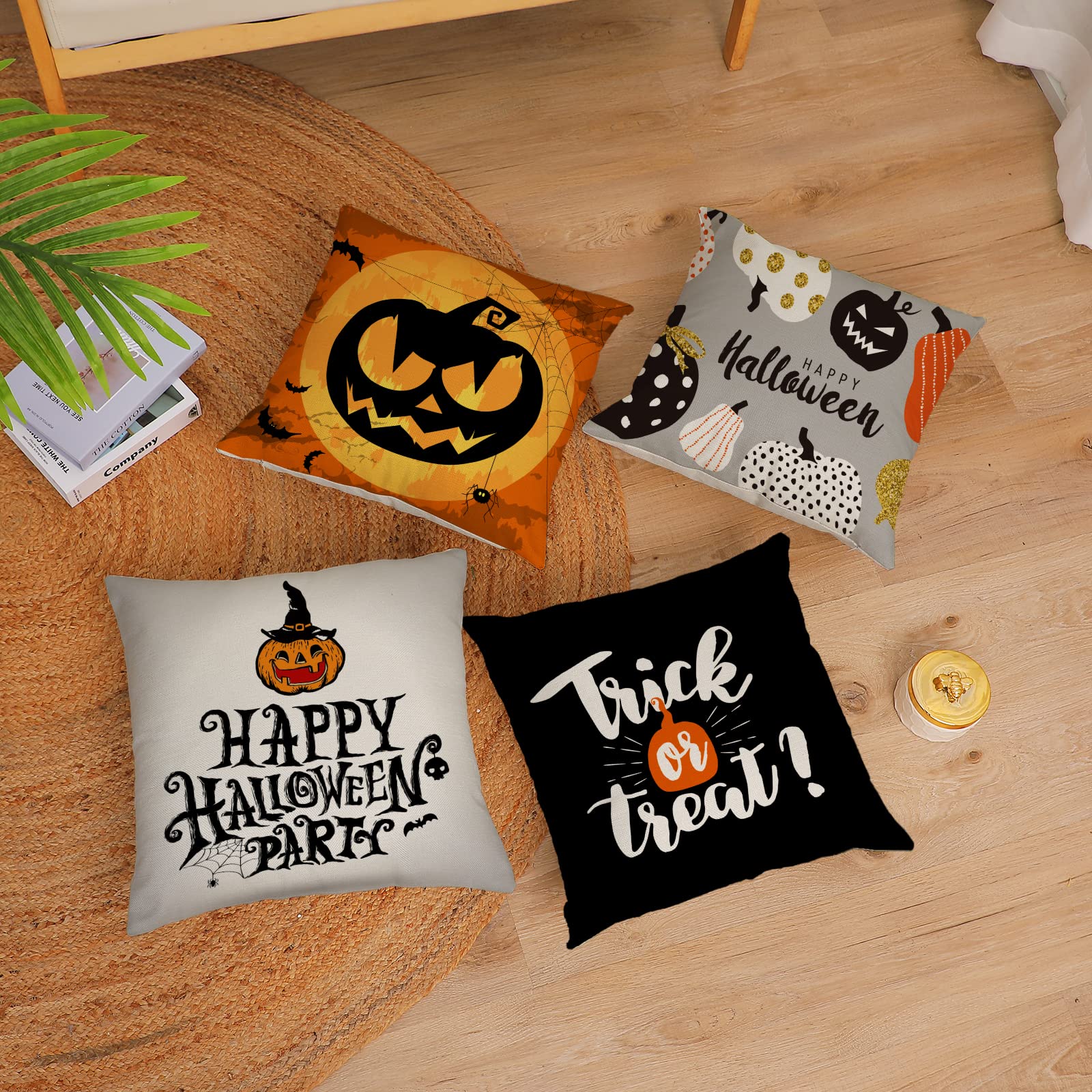 Spooky Halloween Throw Pillow Covers Set of 4 - 20x20 Inch Decorative Fall Pillowcases with Scary Pumpkin & Bat Designs for Sofa, Couch, Bed - Perfect for Indoor & Outdoor Halloween Decorations, Party, Haunted House Theme