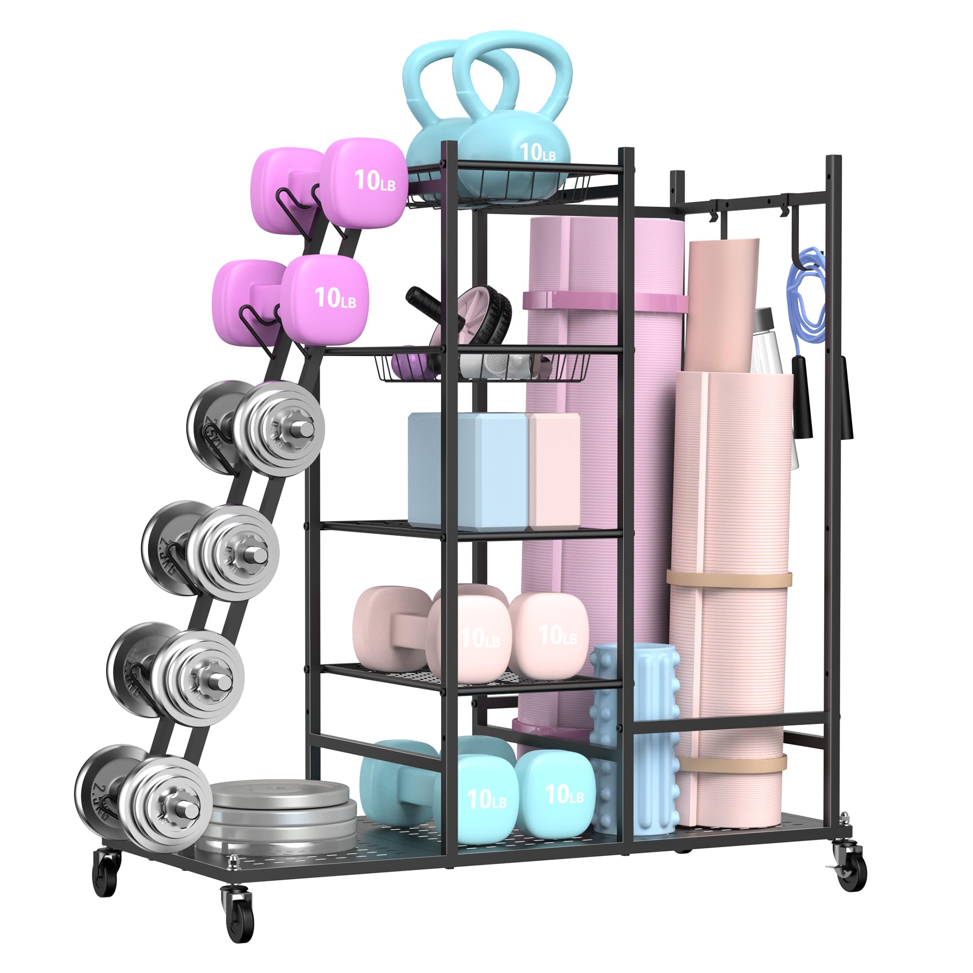PLKOW Heavy Duty Dumbbell Weight Rack - Home Gym Storage Organizer for Dumbbells, Kettlebells & Yoga Mats - Space Saving Garage Gym Equipment for Strength Training & Yoga Workouts