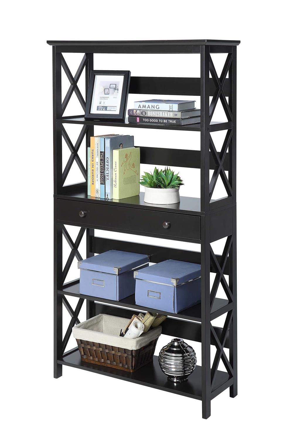Oxford 5-Tier Bookcase with Storage Drawer - Black Wooden Bookshelf for Living Room, Bedroom & Office Organization