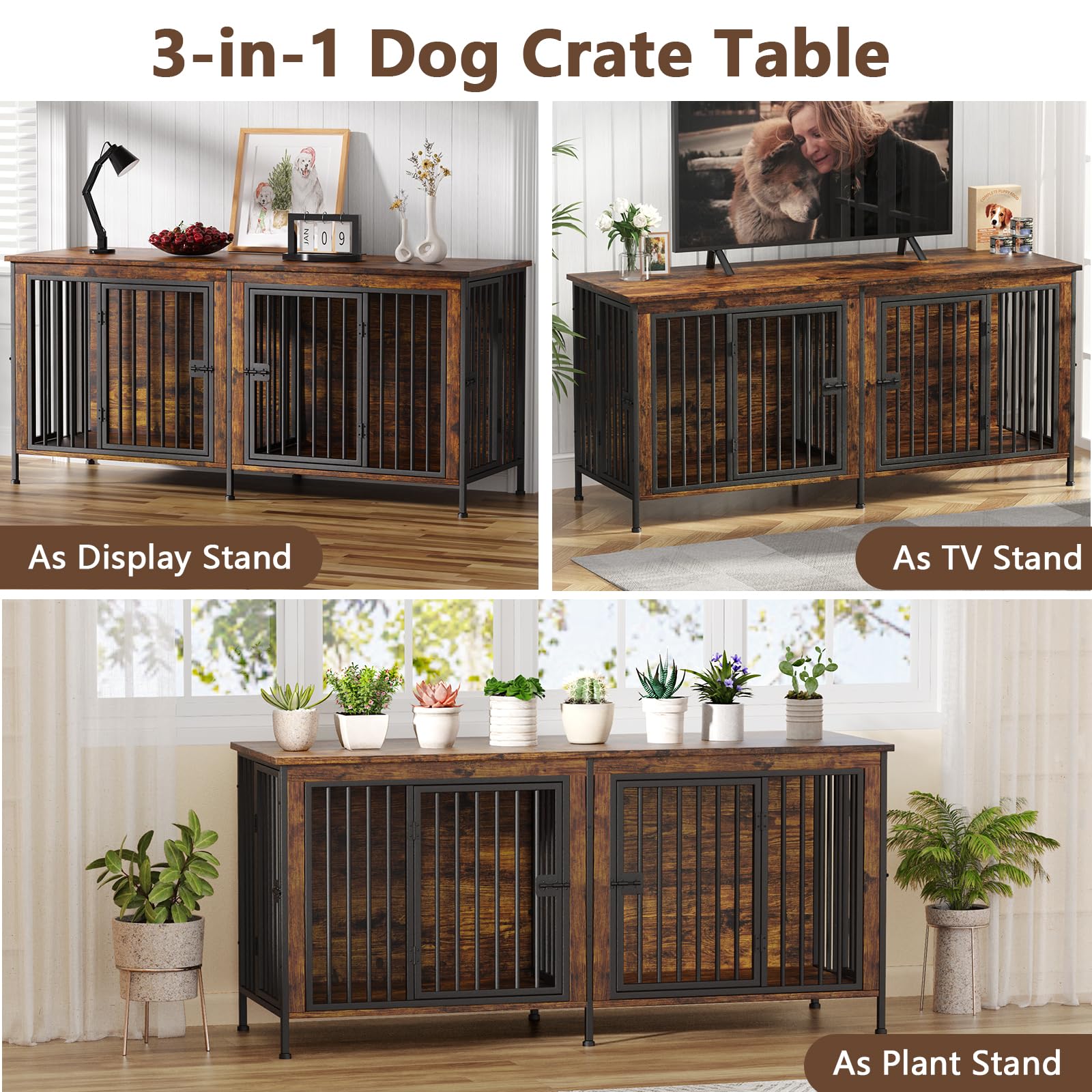 **EasyCom 78 Inch Extra Large Wooden Dog Crate Furniture for 2 Dogs – XXL Sturdy Double Dog Kennel with Divider, TV Stand & Pet Playpen – Ideal for Large Breed Dogs & Living Room Décor**