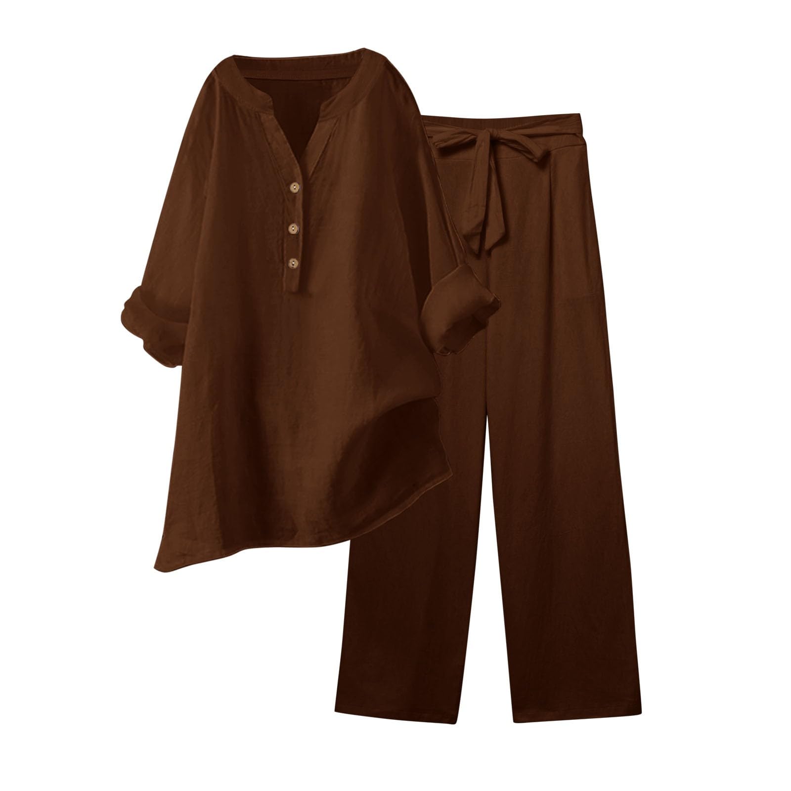 Women's Linen Lounge Set - Summer 2-Piece Outfit with Long Sleeve Button Down Shirt & Pants | Casual Loungewear in Brown | Perfect for Home Relaxation, Vacation Wear & Coffee Dates
