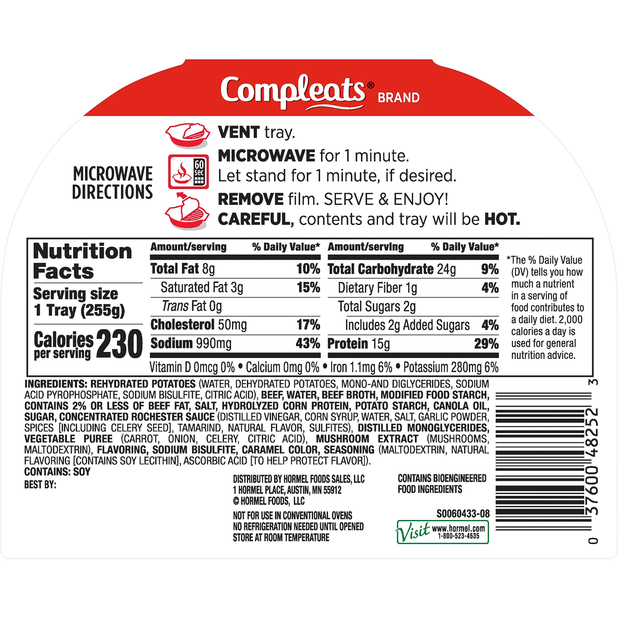 HORMEL COMPLEATS Tender Beef With Mashed Potatoes & Gravy - Microwave Ready Meal Tray, 9 oz (6 Pack) | Quick & Easy Lunch or Dinner Solution for Busy Professionals & Students | Perfect for Office, Dorm, or On-the-Go Meals