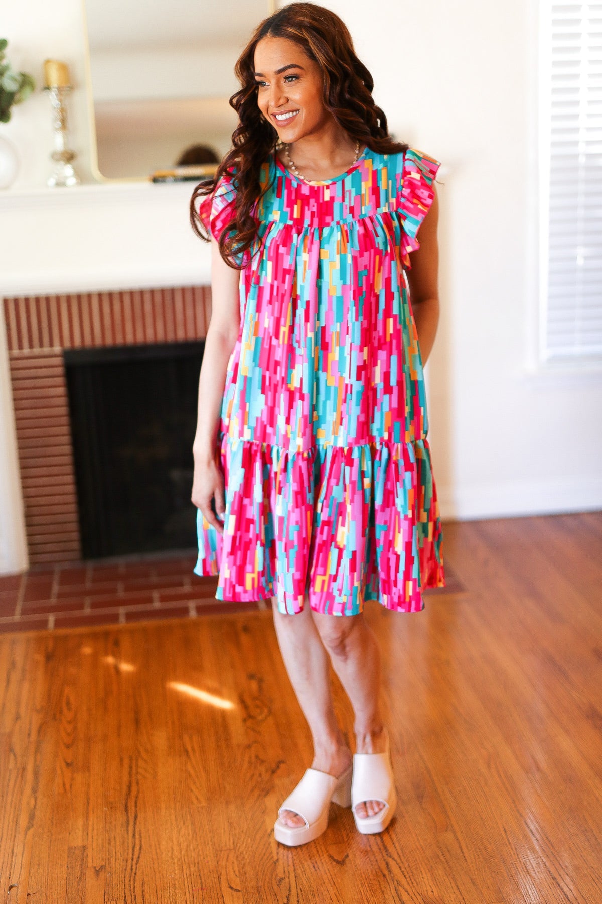 Stylish Multicolor Abstract Print Tiered Ruffle Sleeve Dress for Women | Trendy Party & Cocktail Outfit | Perfect for Date Night, Wedding Guest & Special Occasions