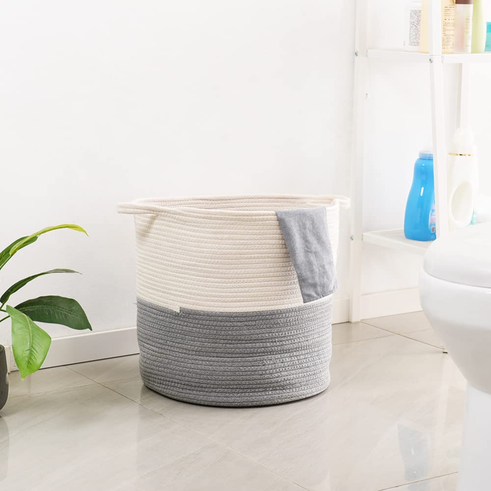 17x15.1 Inch Woven Rope Storage Basket with Handles - Collapsible Cotton Laundry Hamper for Towels, Blankets & Toys - Perfect for Bedroom, Nursery, and Bathroom Organization
