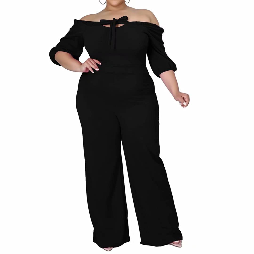 IyMoo Women's Plus Size Wide Leg Off The Shoulder Tie Up Jumpsuit - Casual Summer Romper for Beach, Vacation & Date Night Outfits