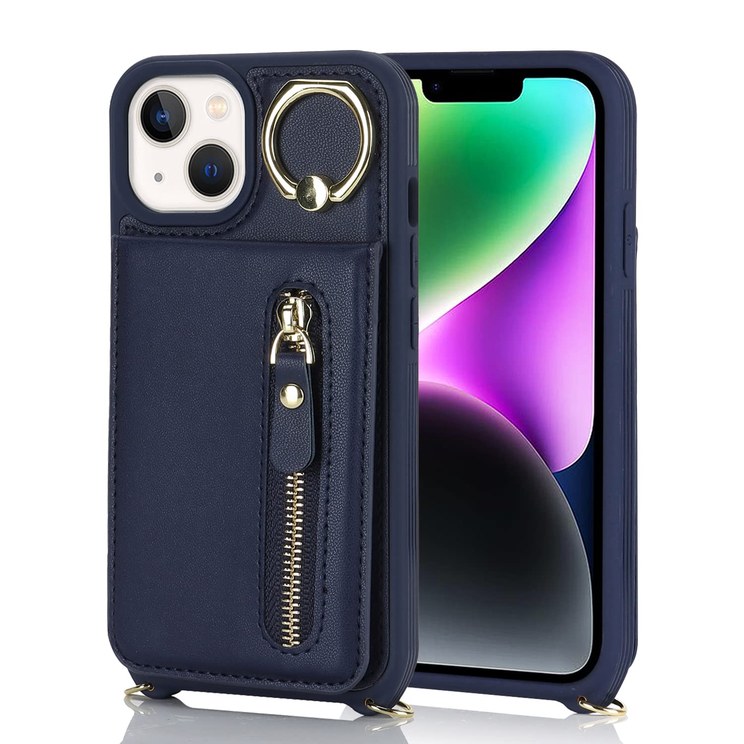 Premium Shockproof iPhone 14 Case with Card Holder & Crossbody Strap - Wallet Phone Case with Kickstand & Zipper for Women (Blue) | Perfect for Travel, Shopping & Everyday Use