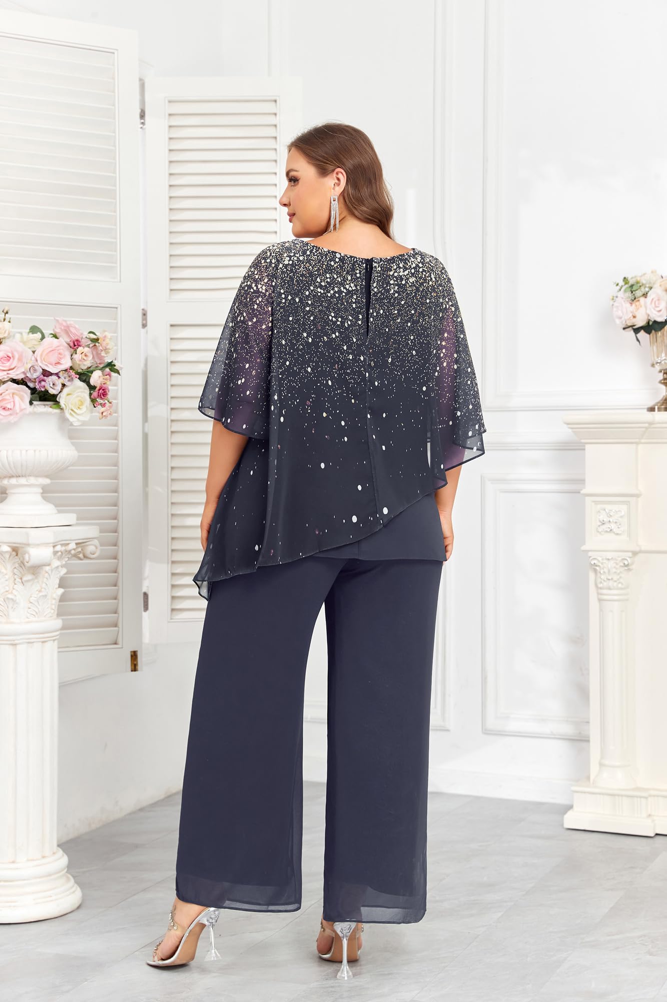 Hanna Nikole 2024 Plus Size Mother of Bride Pant Suits 2 Piece Set - Ruffle Layers Chiffon Outfit with Gradient Print for Wedding Guest, Special Occasions & Formal Events