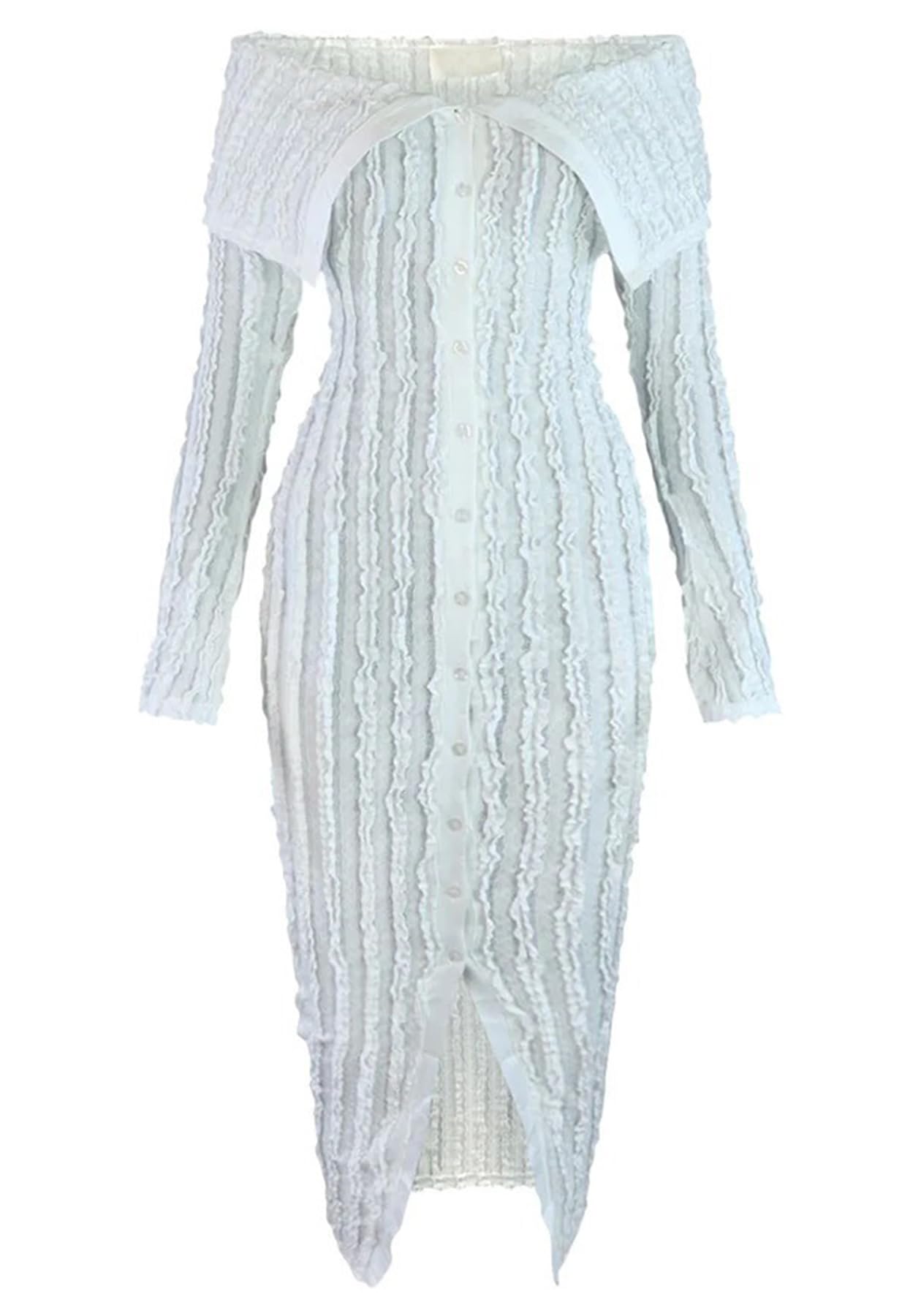 Elegant Off Shoulder Long Sleeve Ruffle Mesh Bodycon Dress for Women - Sexy Button Down Party Dress for Evening, Date Night & Special Occasions