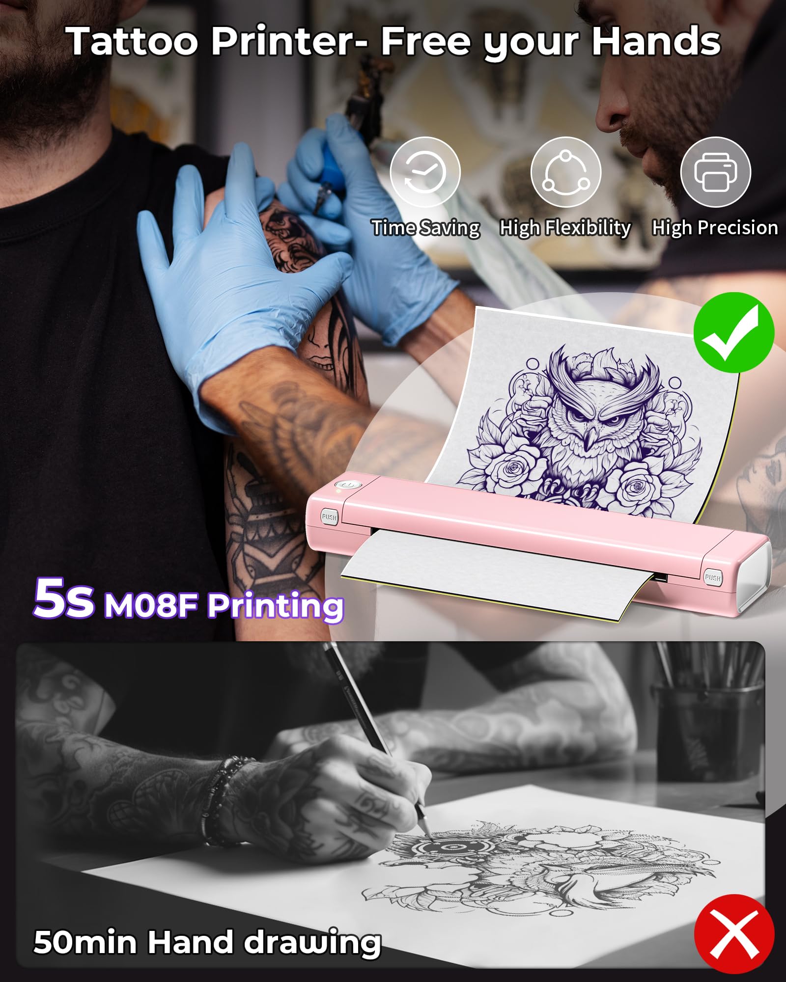 Itari M08F Wireless Tattoo Stencil Printer - Bluetooth Thermal Transfer Machine with 10pcs Tattoo Paper, Compatible with Smartphone & PC (Pink) | Professional Tattoo Design Transfer for Artists & Studios