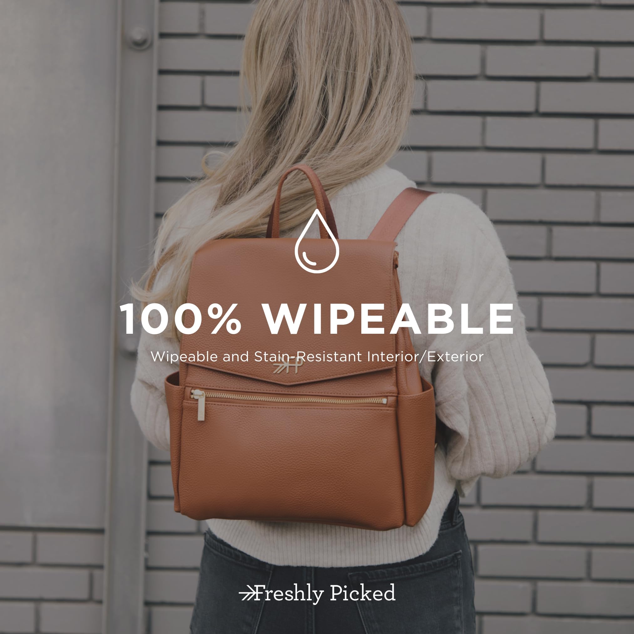 Freshly Picked Mini Classic Diaper Bag Backpack - Wipeable Vegan Leather with 8 Pockets (Cognac) - Perfect for Baby Essentials, Travel & On-the-Go Parents