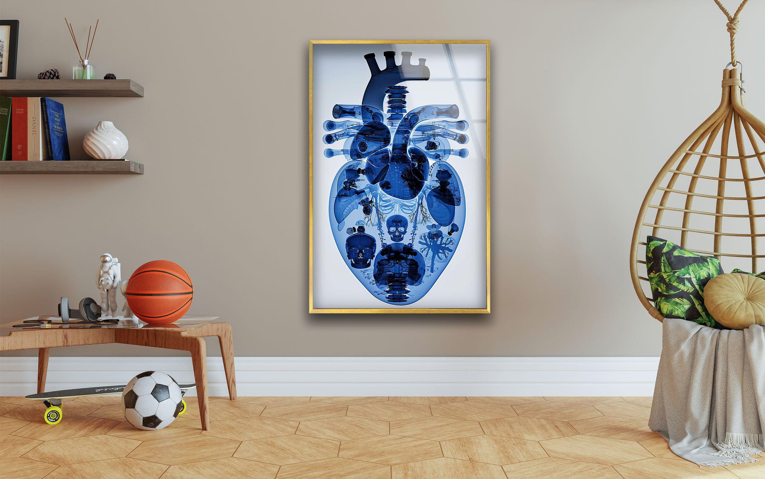 Blue Mechanical Heart Glass Wall Art - Elegant Home Decor for Living Room, Bedroom & Office - Perfect Gift for Valentine's Day & Anniversaries