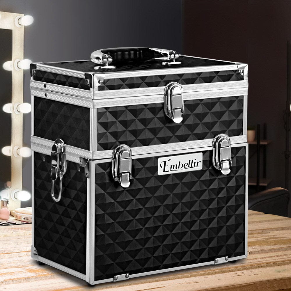 Embellir Portable Cosmetic Makeup Organizer Case with Mirror - Diamond Black Design for Travel, Home & Professional Use