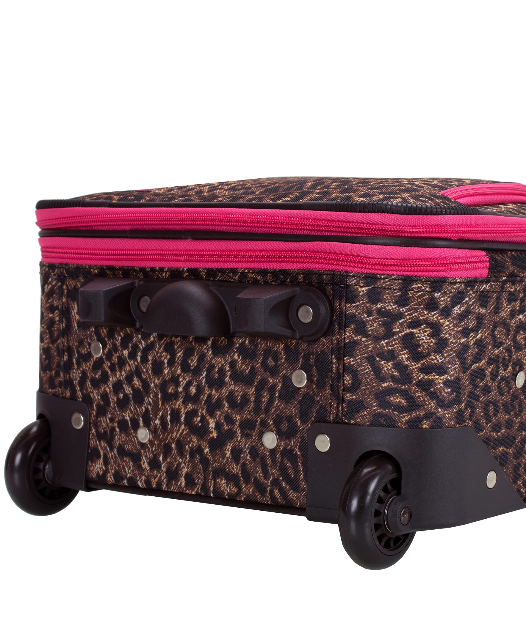 Rockland Jungle Softside Upright Luggage Set - 4-Piece Pink Leopard Print Suitcase (14/29/24/28 Inch) for Travel, Vacation & Business Trips - Lightweight Durable Spinner Luggage with TSA Lock