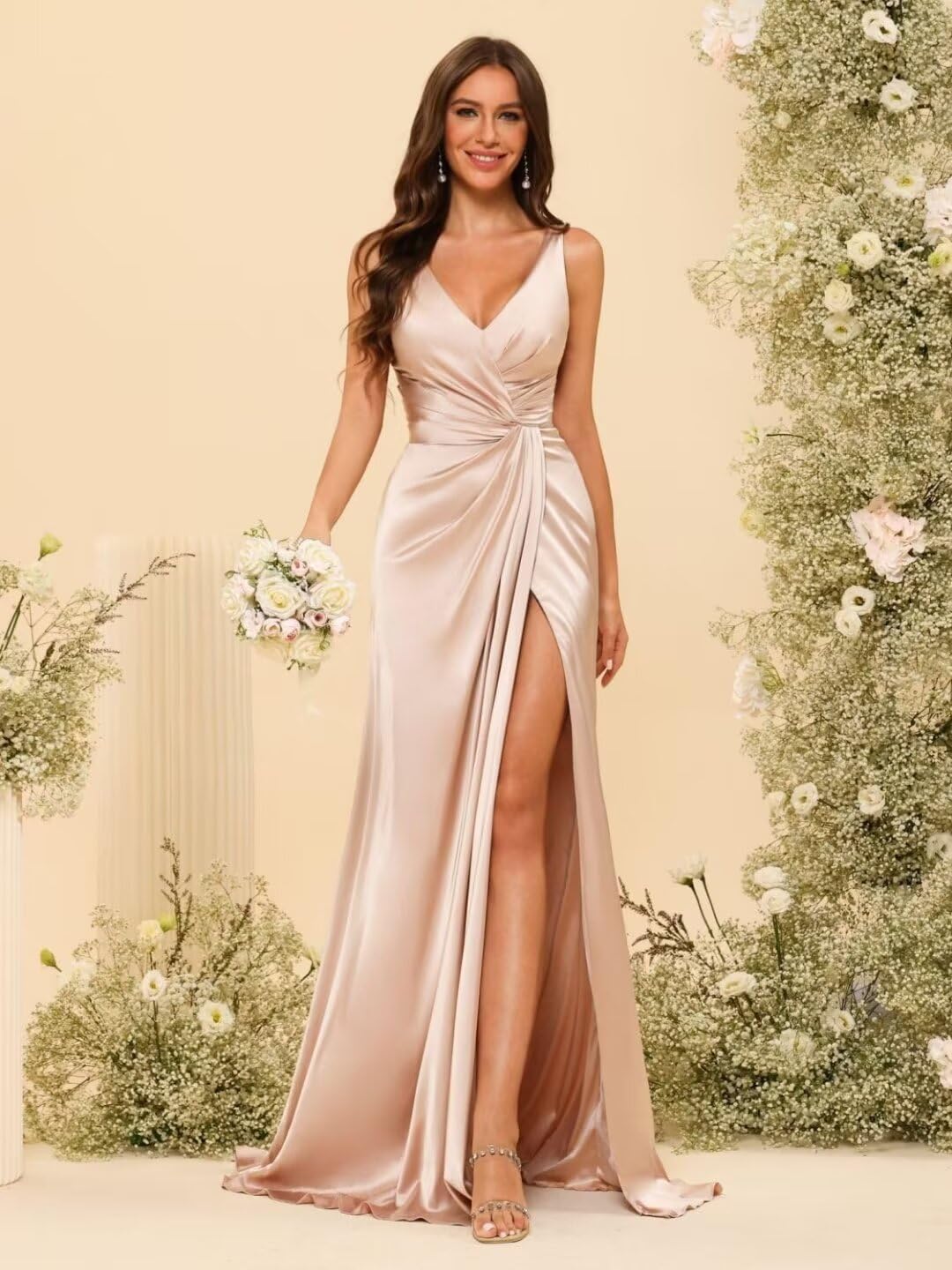Elegant Dusty Blue V-Neck Bridesmaid Dress - Long Sleeveless Formal Gown with Empire Waist & High Slit | Perfect for Weddings, Parties & Special Occasions